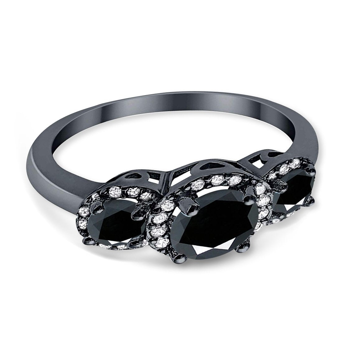 3 Stone Halo Wedding Ring Simulated Cubic Zirconia 925 Sterling Silver
