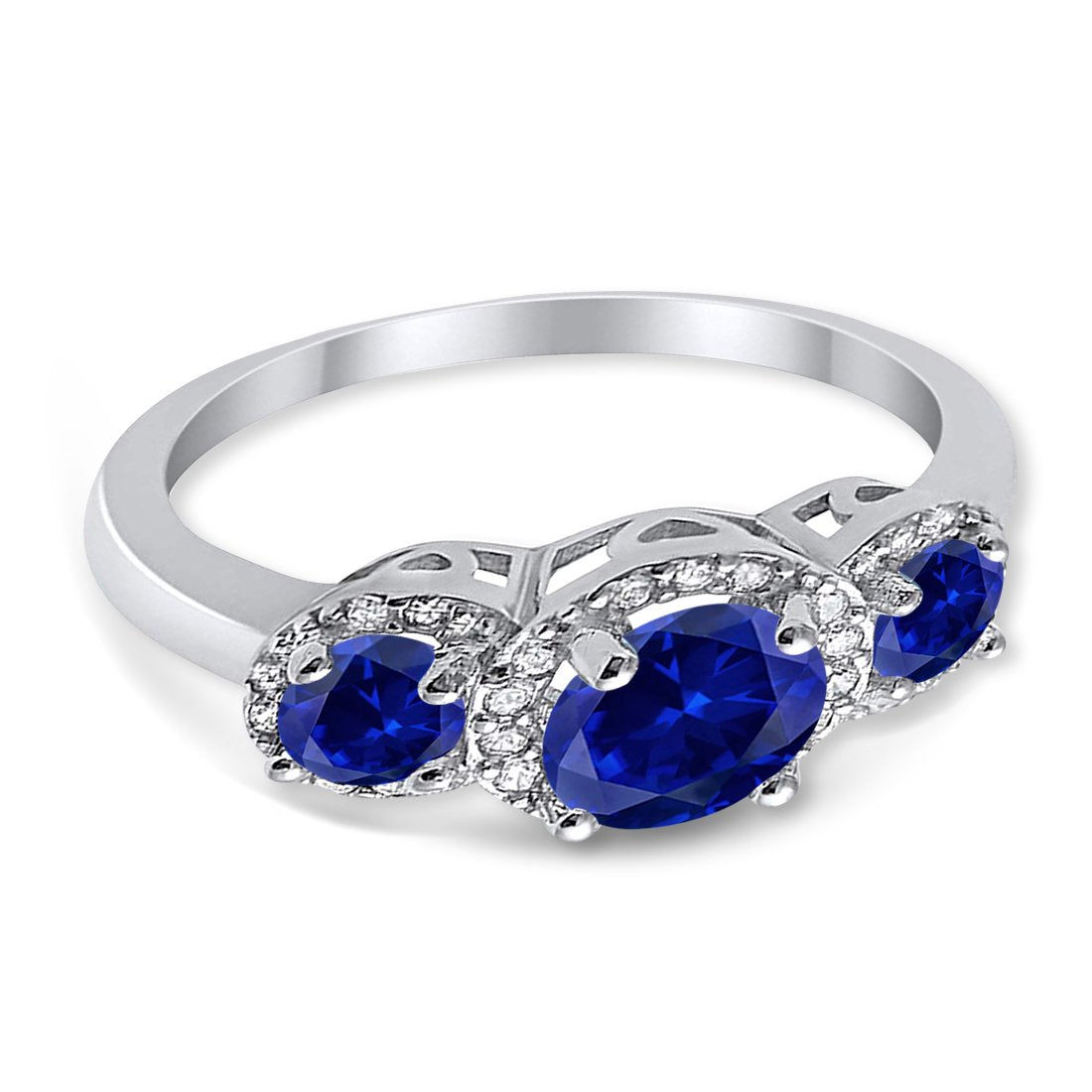 3 Stone Halo Wedding Ring Simulated Cubic Zirconia 925 Sterling Silver