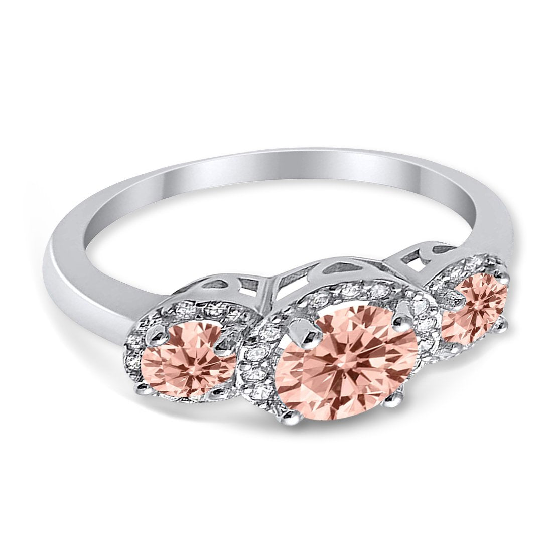 3 Stone Halo Wedding Ring Simulated Cubic Zirconia 925 Sterling Silver