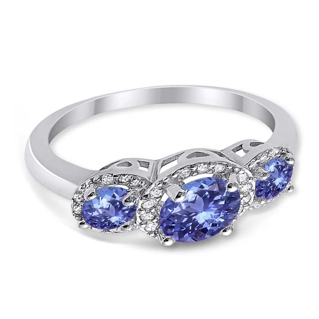 3 Stone Halo Wedding Ring Simulated Cubic Zirconia 925 Sterling Silver