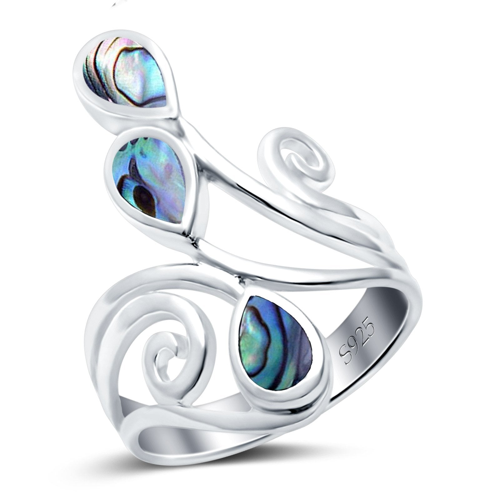 Fashion Teardrop Pear Swirl Spiral Ring Rhodium Plated Created Opal 925 Sterling Silver