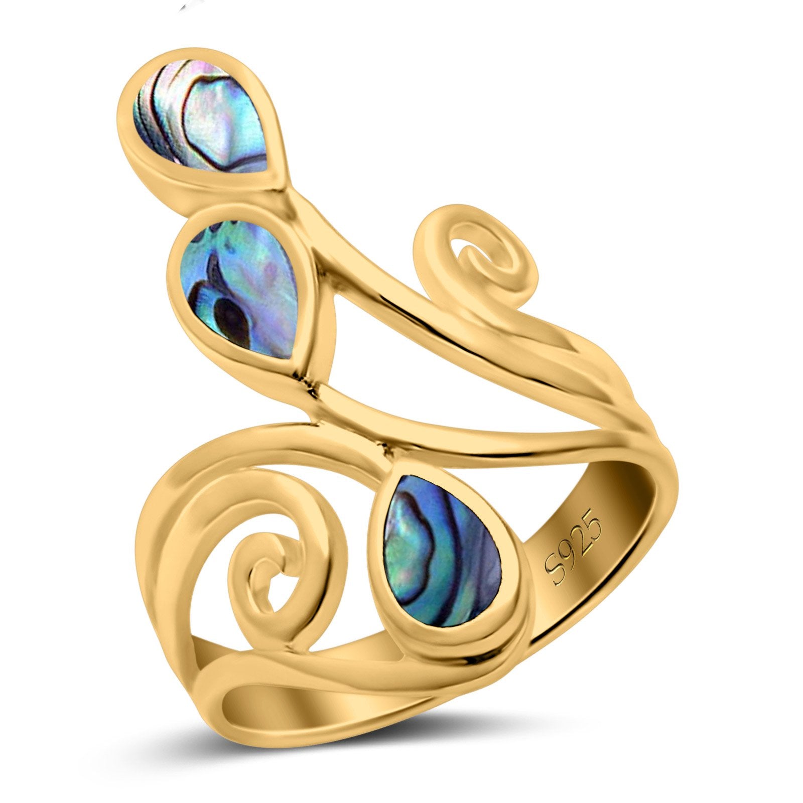 Fashion Teardrop Pear Swirl Spiral Ring Rhodium Plated Created Opal 925 Sterling Silver