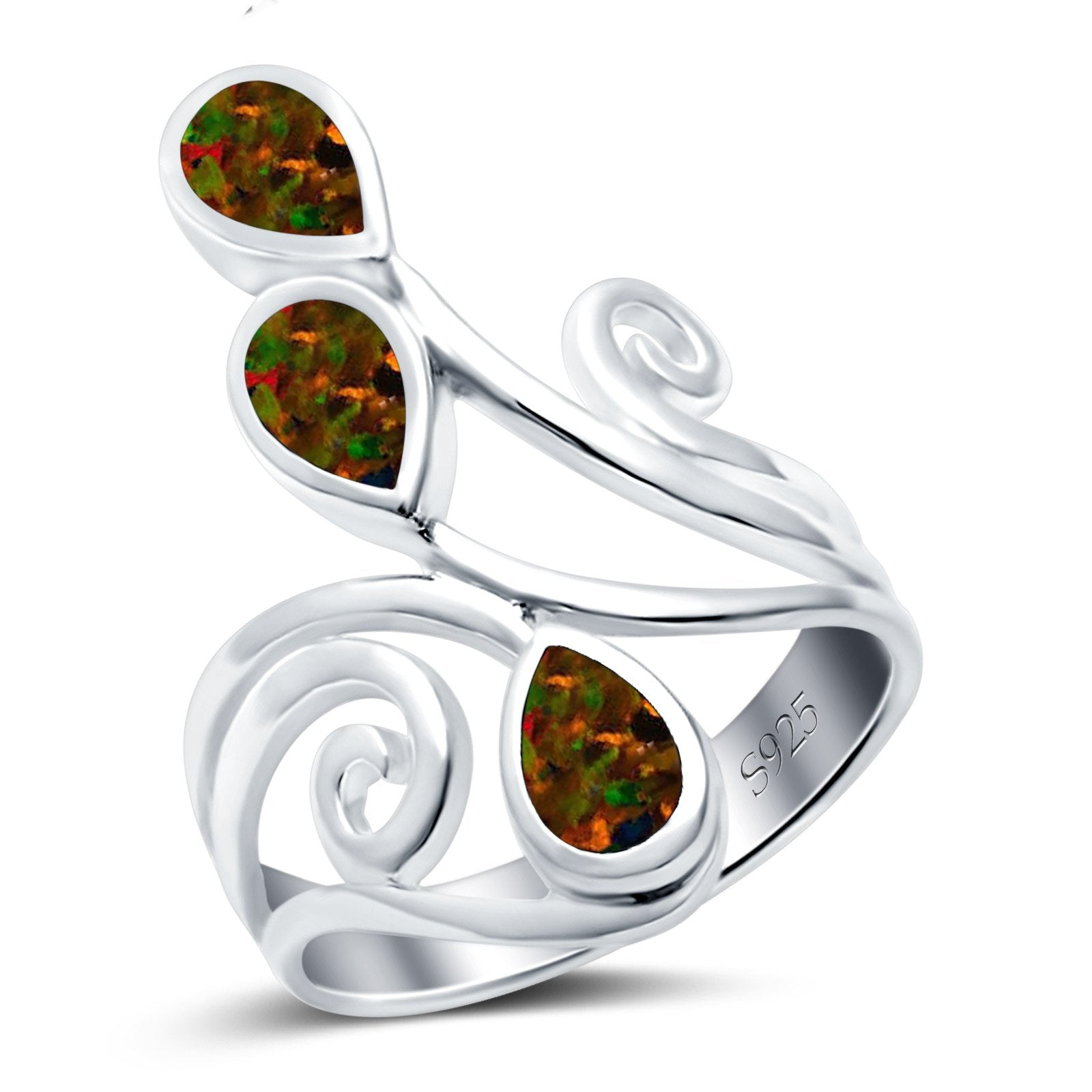Fashion Teardrop Pear Swirl Spiral Ring Rhodium Plated Created Opal 925 Sterling Silver