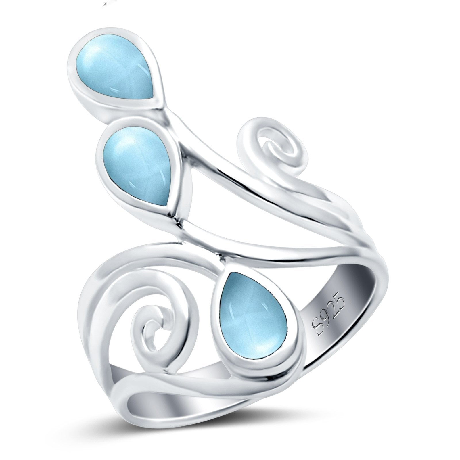 Fashion Teardrop Pear Swirl Spiral Ring Rhodium Plated Created Opal 925 Sterling Silver