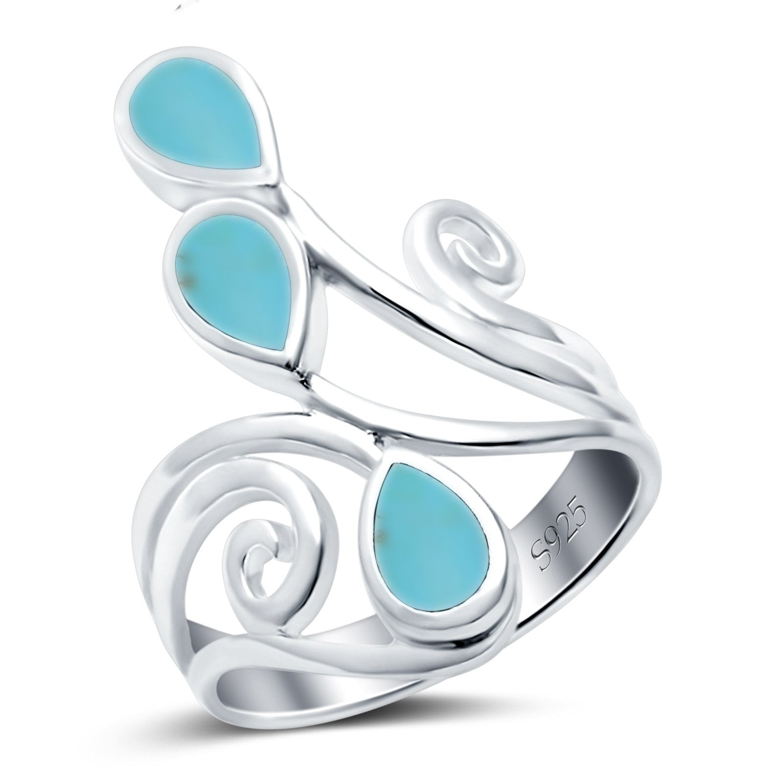 Fashion Teardrop Pear Swirl Spiral Ring Rhodium Plated Created Opal 925 Sterling Silver