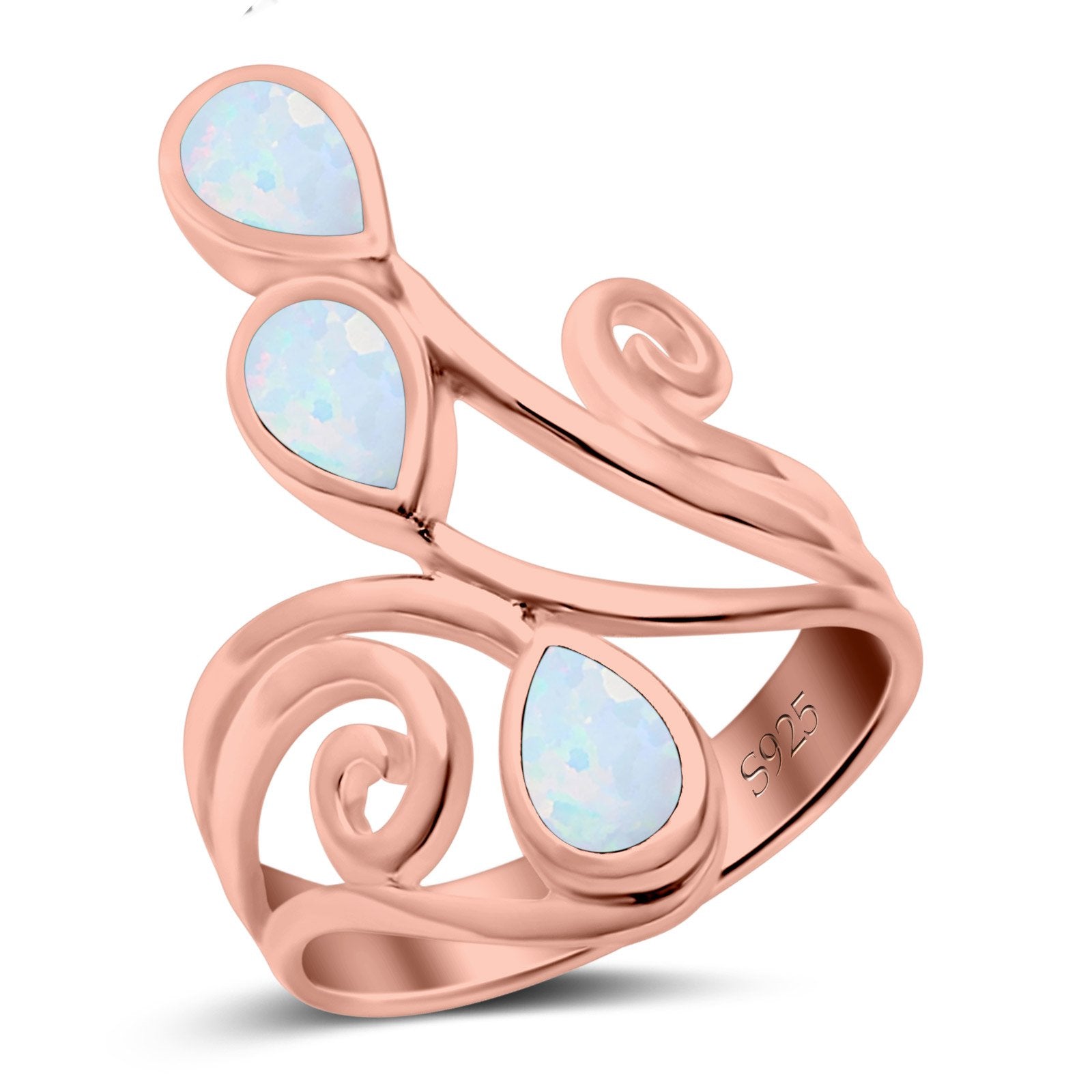 Fashion Teardrop Pear Swirl Spiral Ring Rhodium Plated Created Opal 925 Sterling Silver