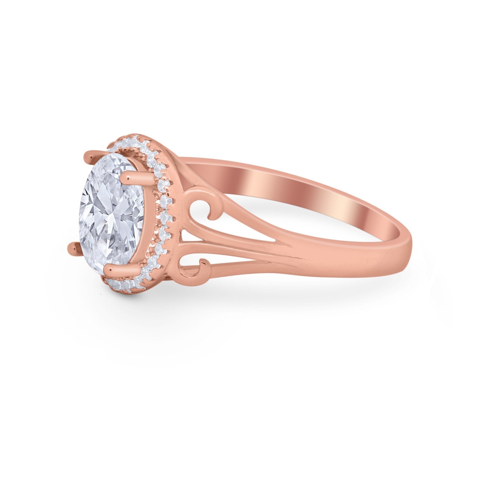 Halo Filigree Oval Wedding Ring Round Simulated Cubic Zirconia 925 Sterling Silver
