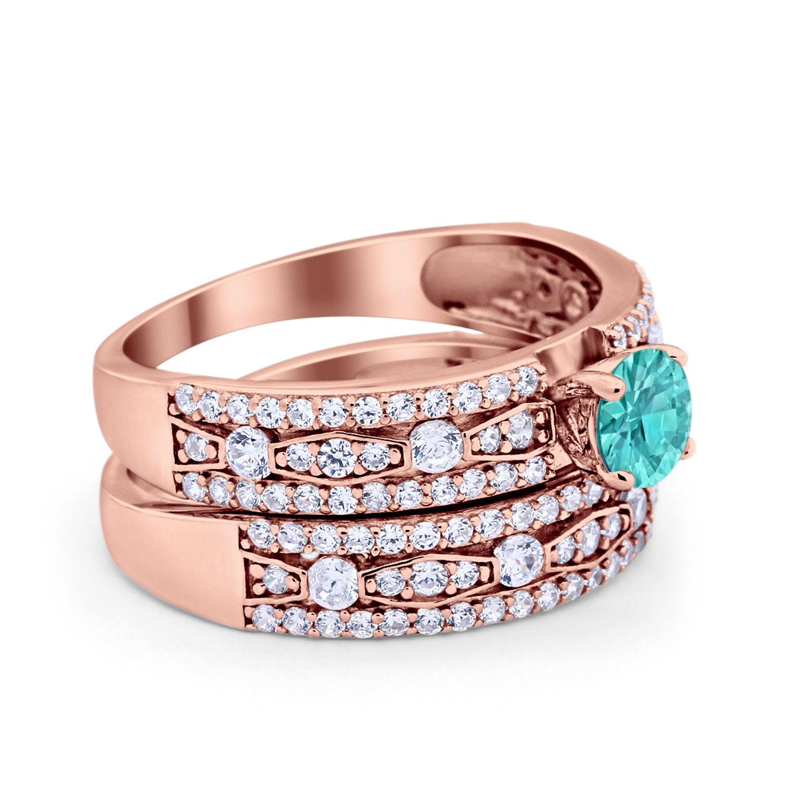 Two Piece Bridal Set Ring Round Simulated Cubic Zirconia 925 Sterling Silver