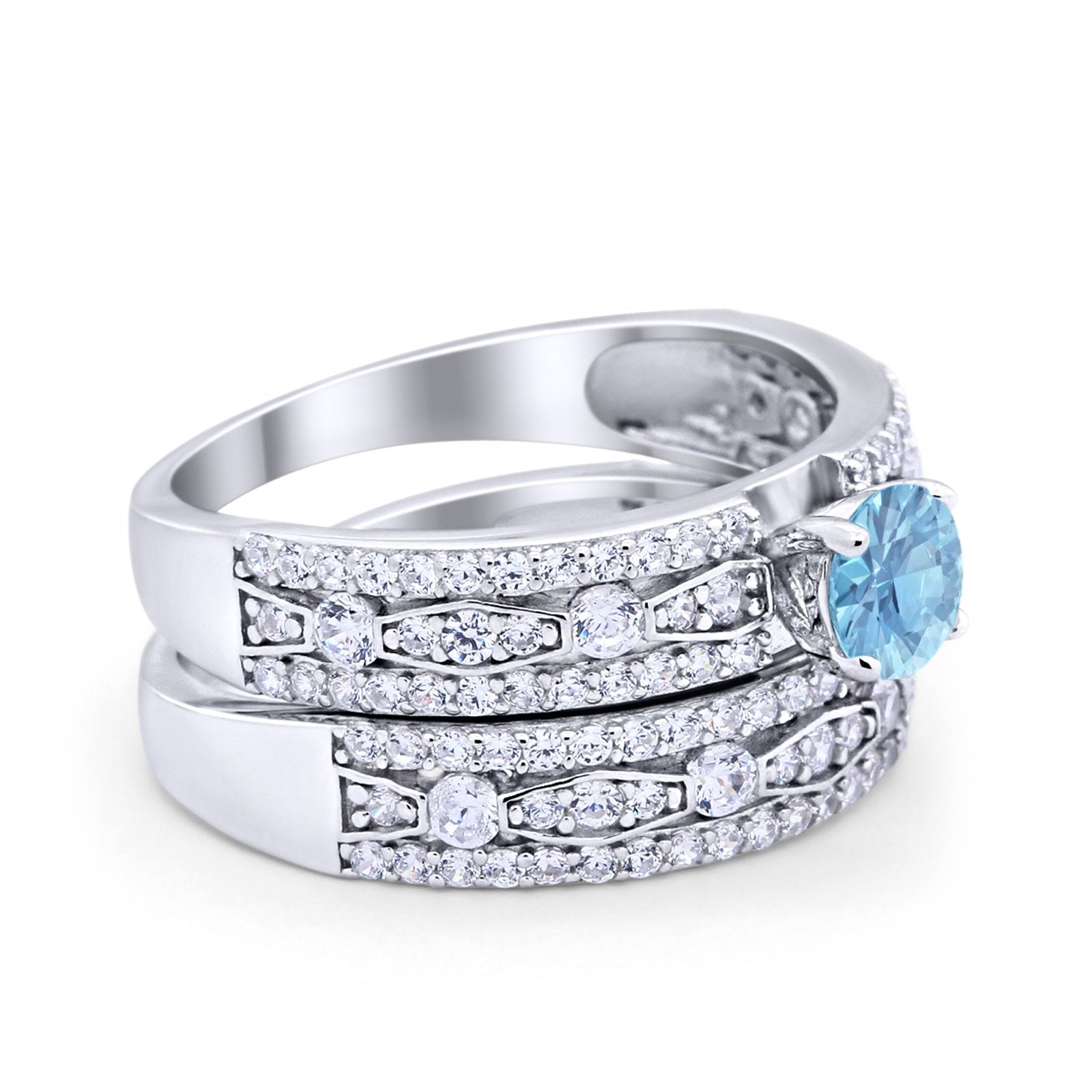 Two Piece Bridal Set Ring Round Simulated Cubic Zirconia 925 Sterling Silver