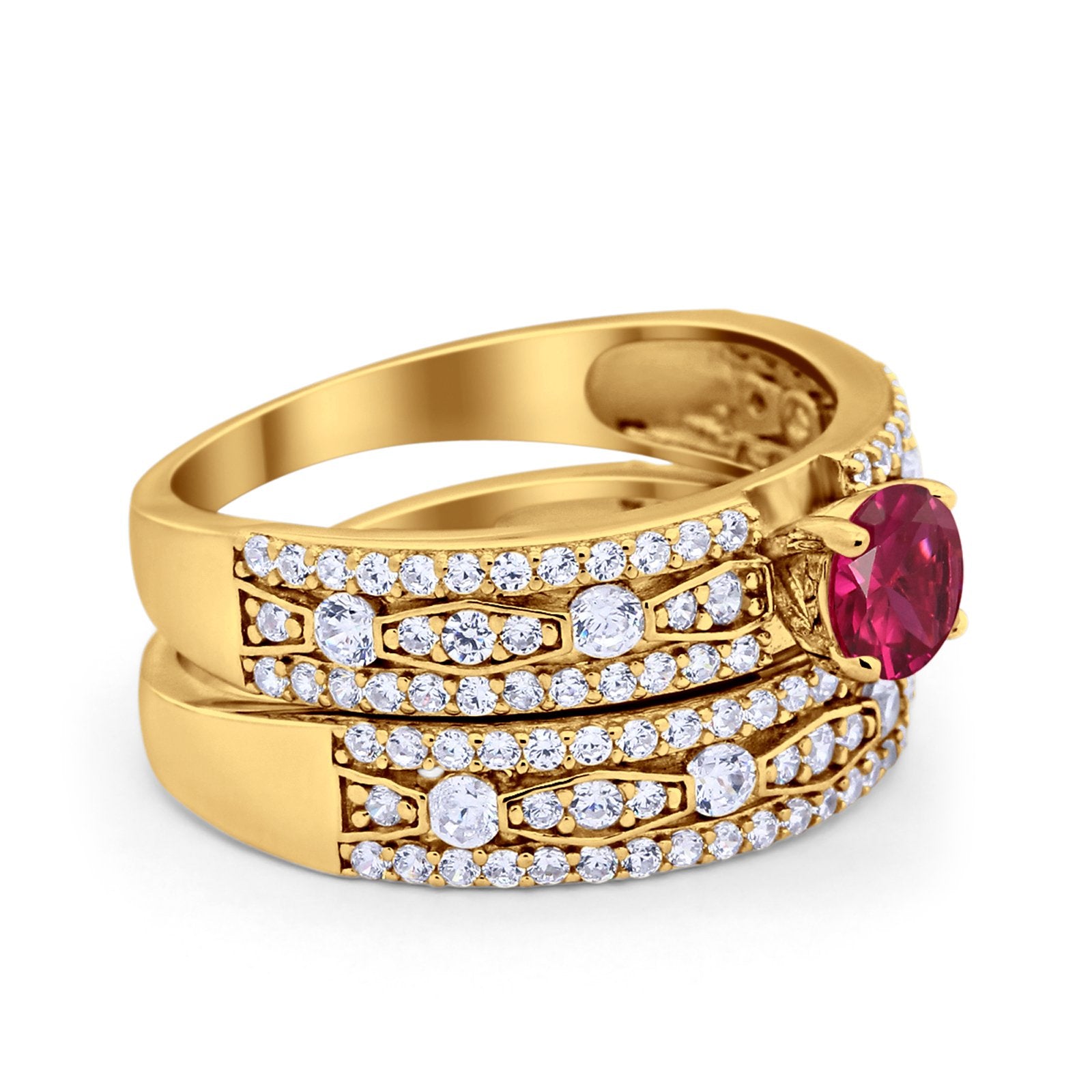 Two Piece Bridal Set Ring Round Simulated Cubic Zirconia 925 Sterling Silver