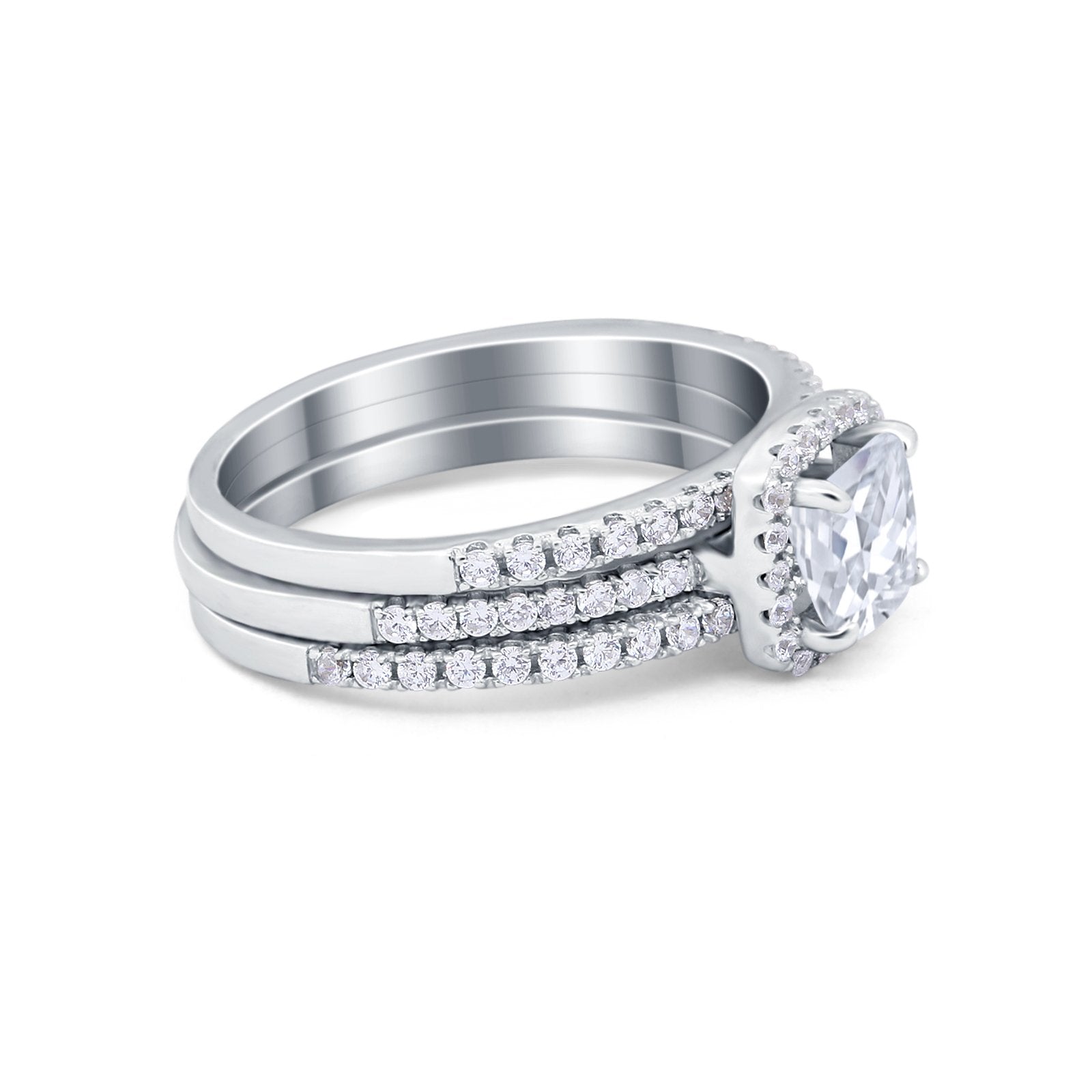 3Piece Wedding Ring Band Round Simulated Cubic Zirconia 925 Sterling Silver
