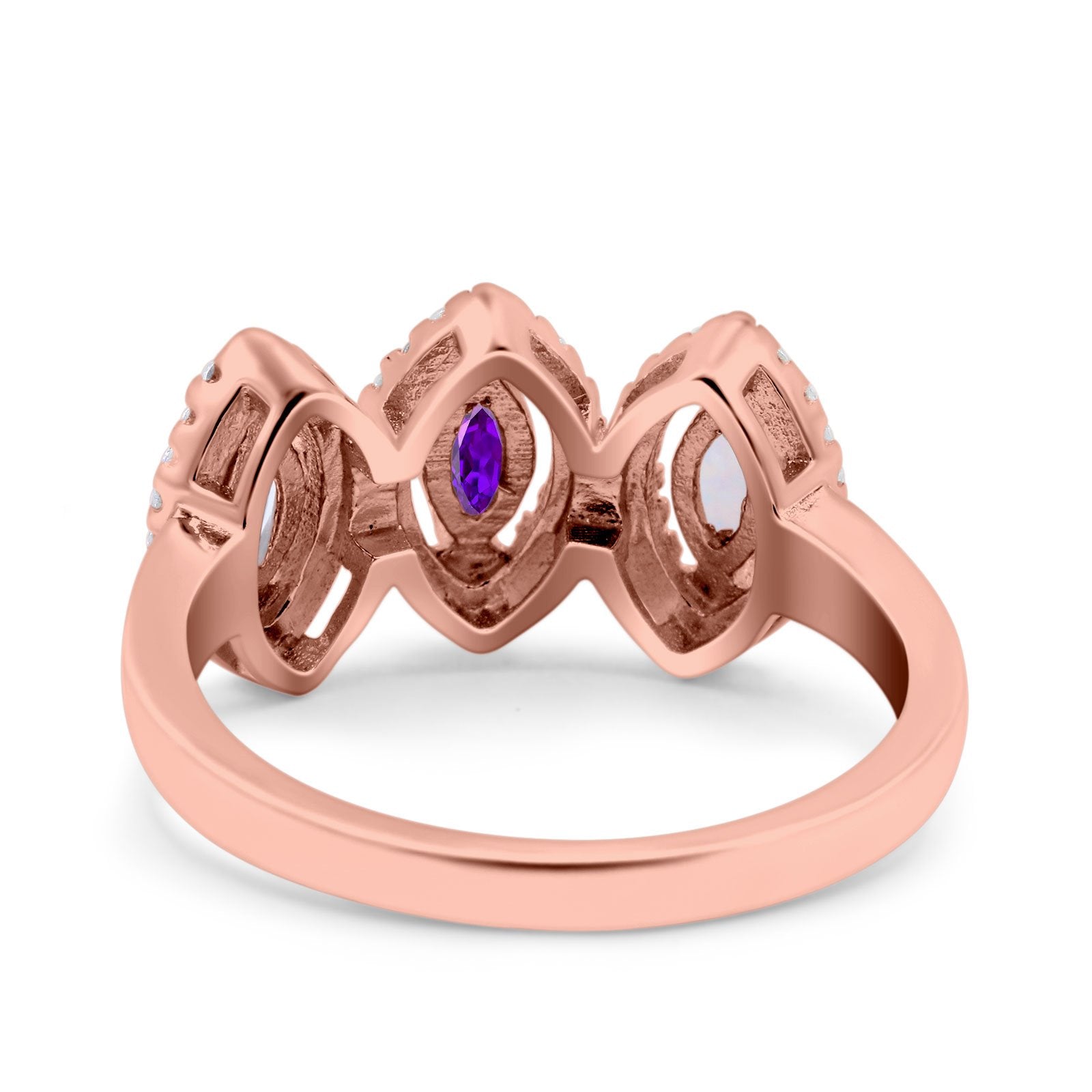 Halo Marquise Art Deco Three Stone Wedding Bridal Ring Created White Opal Round Simulated Cubic Zirconia 925 Sterling Silver