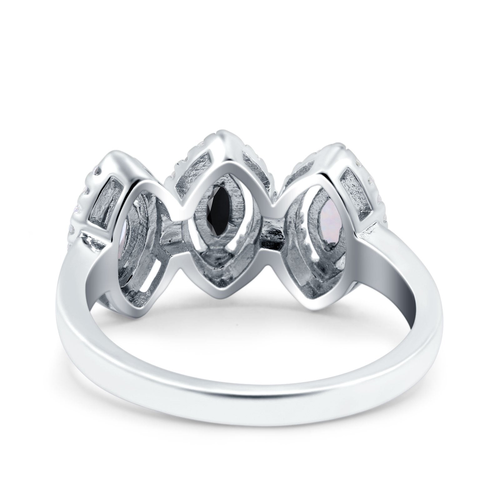 Halo Marquise Art Deco Three Stone Wedding Bridal Ring Created White Opal Round Simulated Cubic Zirconia 925 Sterling Silver