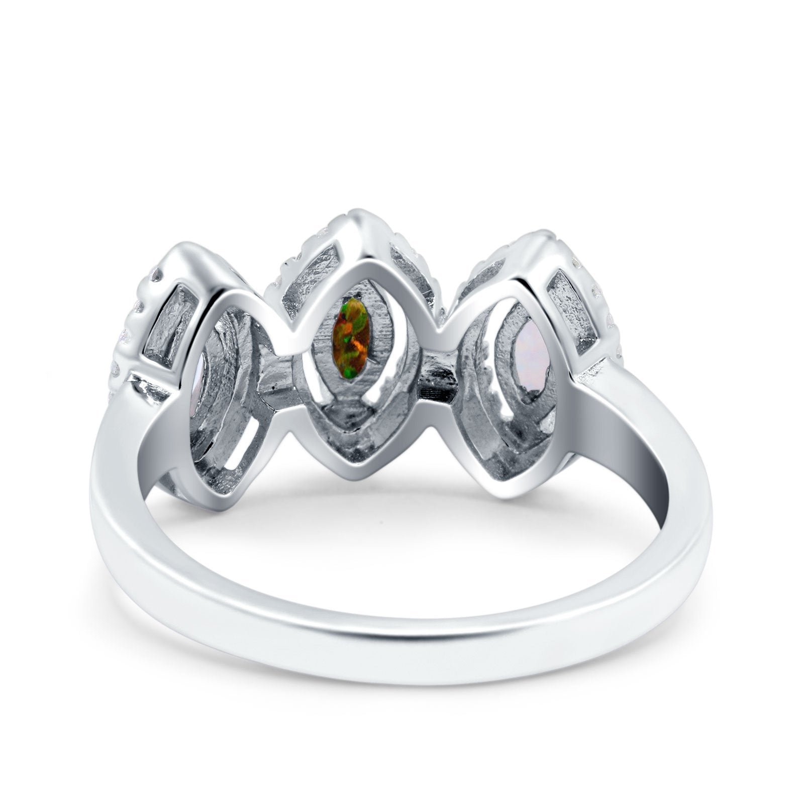 Halo Marquise Art Deco Three Stone Wedding Bridal Ring Created White Opal Round Simulated Cubic Zirconia 925 Sterling Silver