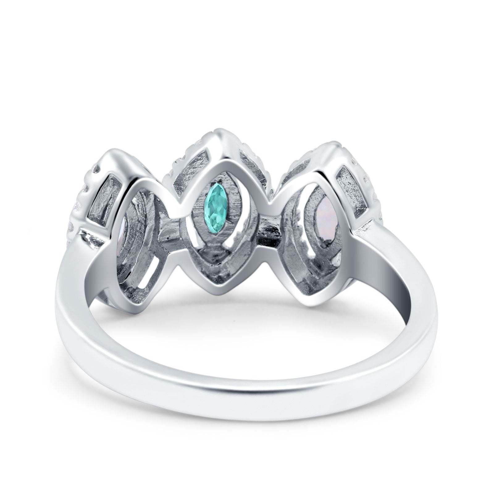 Halo Marquise Art Deco Three Stone Wedding Bridal Ring Created White Opal Round Simulated Cubic Zirconia 925 Sterling Silver