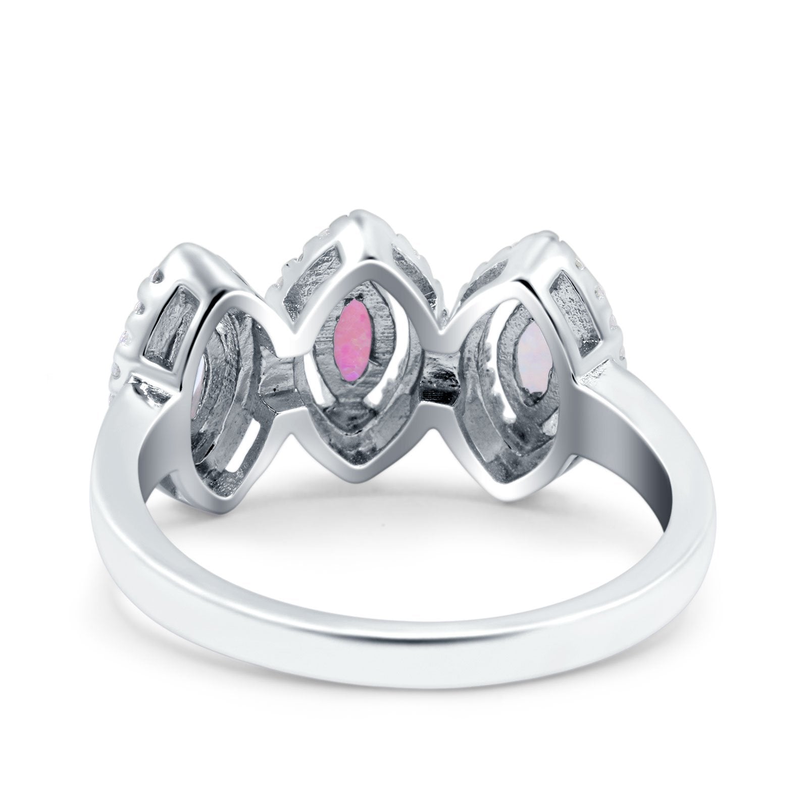 Halo Marquise Art Deco Three Stone Wedding Bridal Ring Created White Opal Round Simulated Cubic Zirconia 925 Sterling Silver