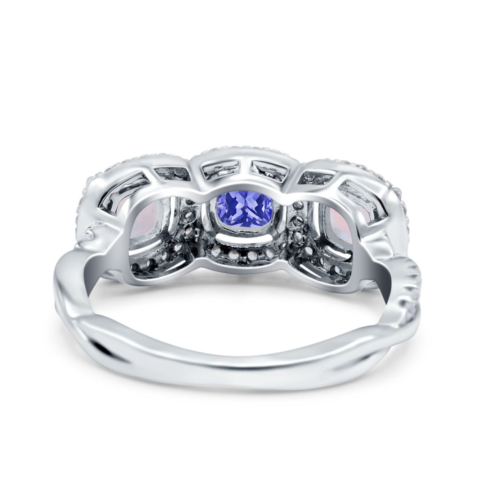 Halo Cushion Art Deco Three Stone Wedding Bridal Ring Created White Opal Round Simulated Cubic Zirconia 925 Sterling Silver