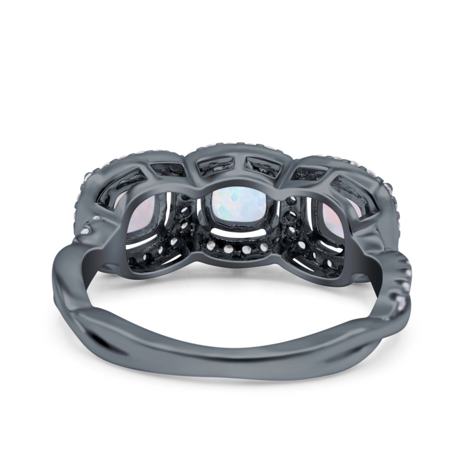 Halo Cushion Art Deco Three Stone Wedding Bridal Ring Created White Opal Round Simulated Cubic Zirconia 925 Sterling Silver