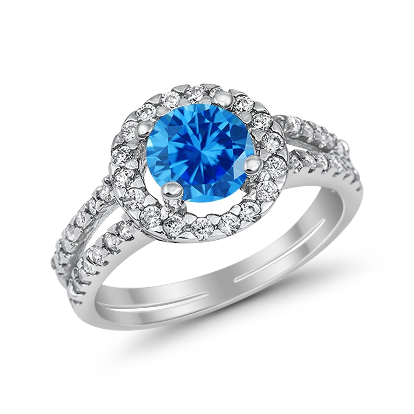 Halo Split Shank Engagement Ring Simulated Cubic Zirconia 925 Sterling Silver