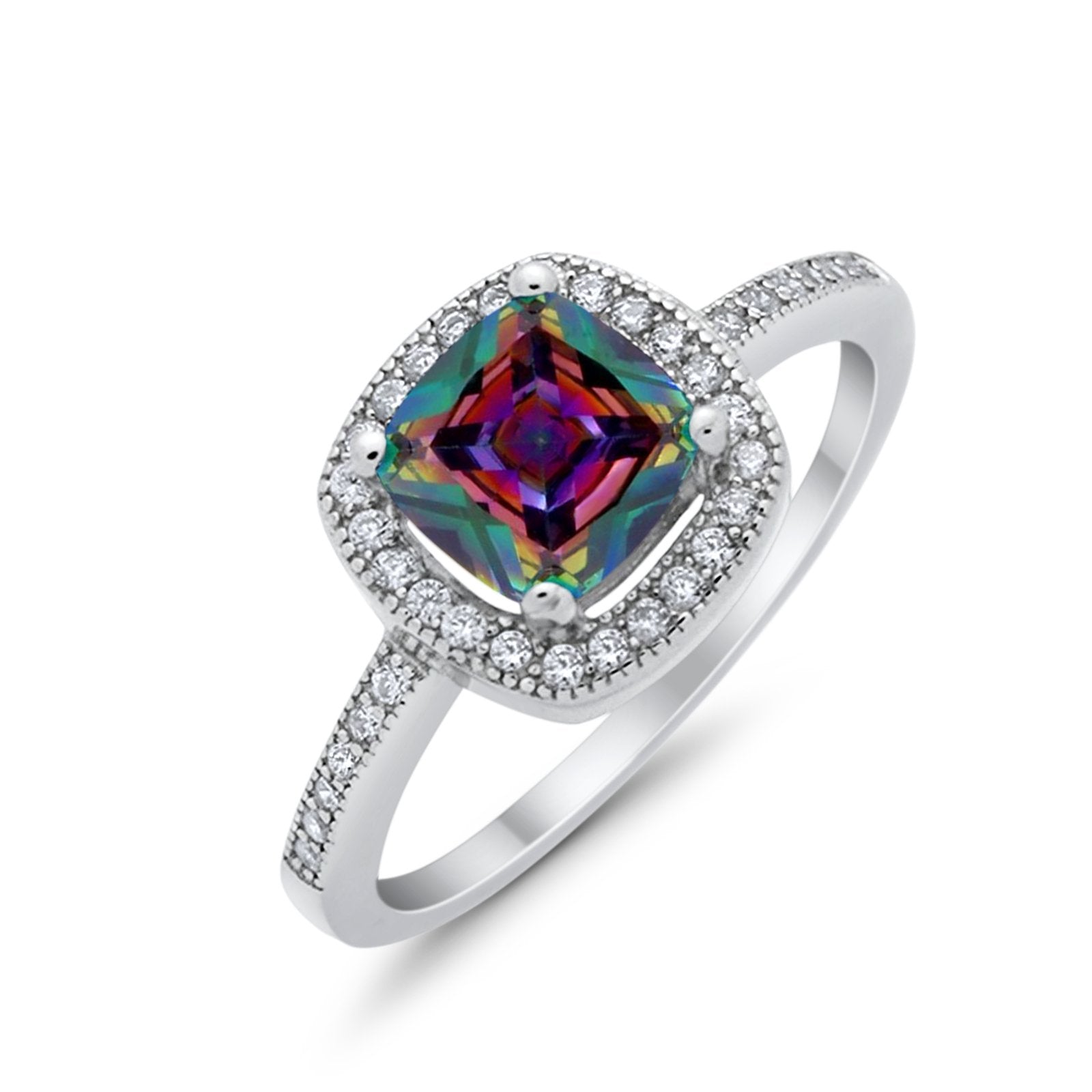 Halo Art Deco Design Ring Round Simulated Cubic Zirconia 925 Sterling Silver