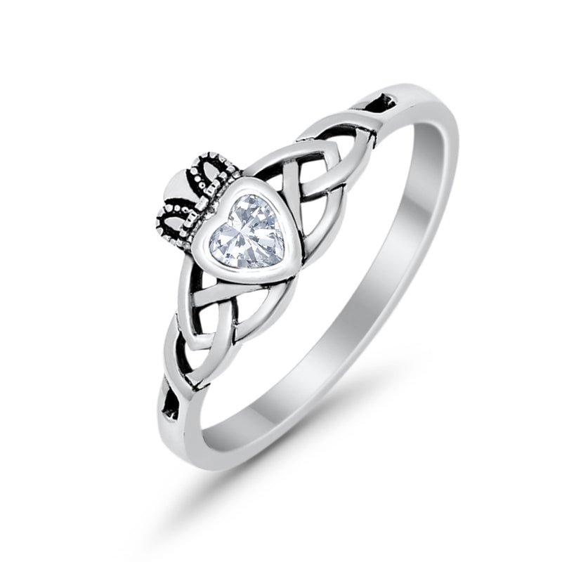 Celtic Knot Claddagh Ring Simulated Cubic Zirconia 925 Sterling Silver