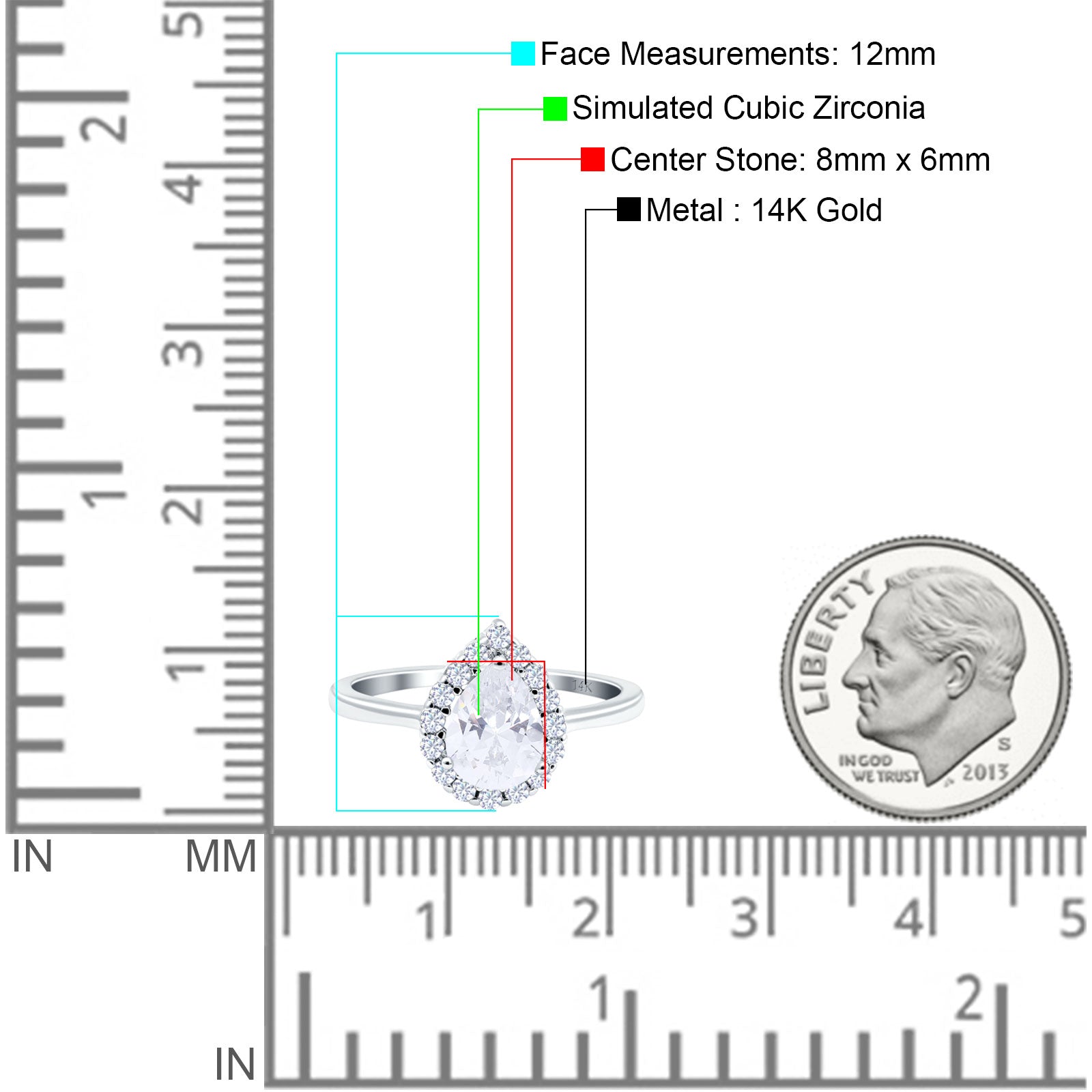 14K Gold Teardrop Halo Art Deco Pear Simulated Cubic Zirconia Wedding Engagement Ring