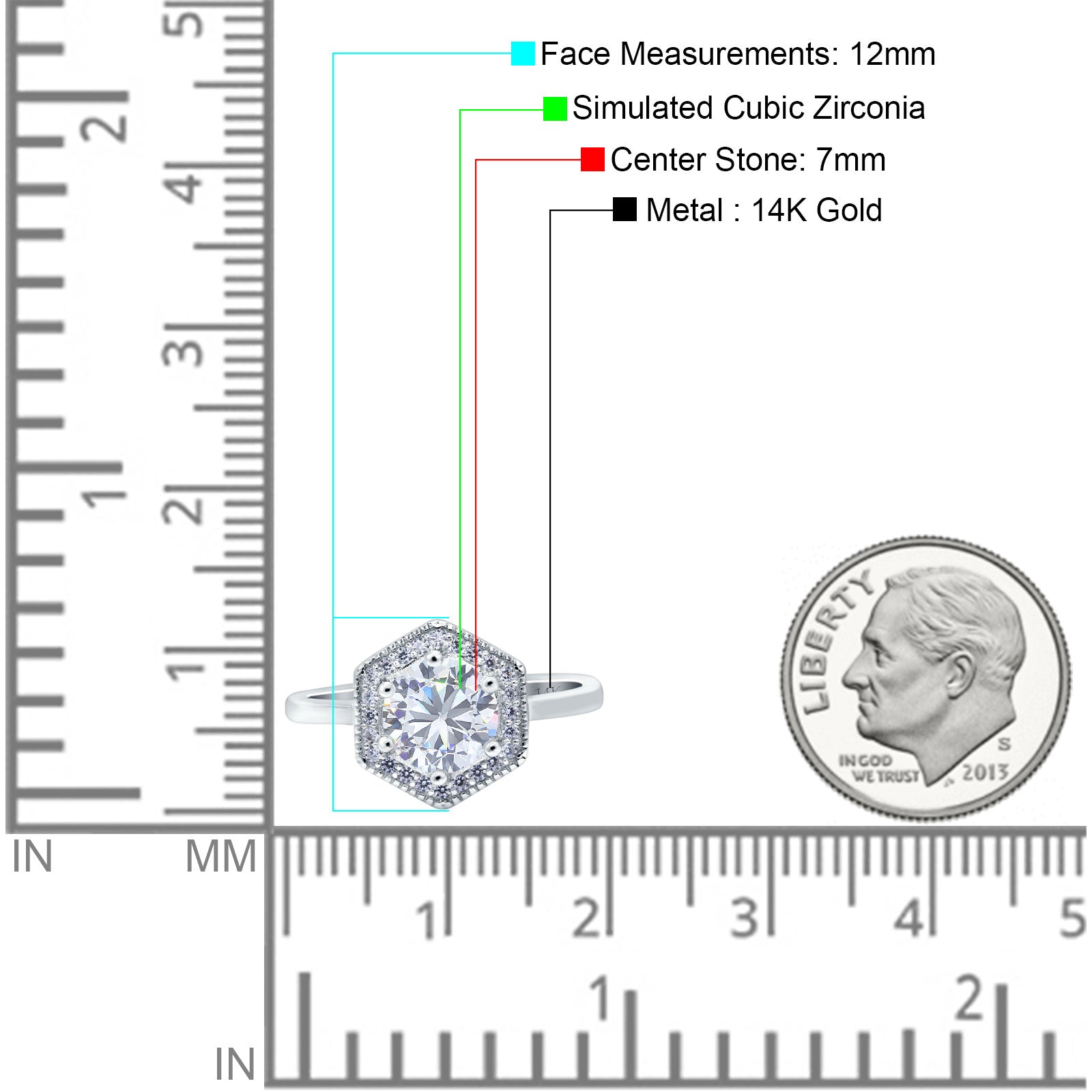14K Gold Art Deco Hexagon Shape Cubic Zirconia Engagement Ring