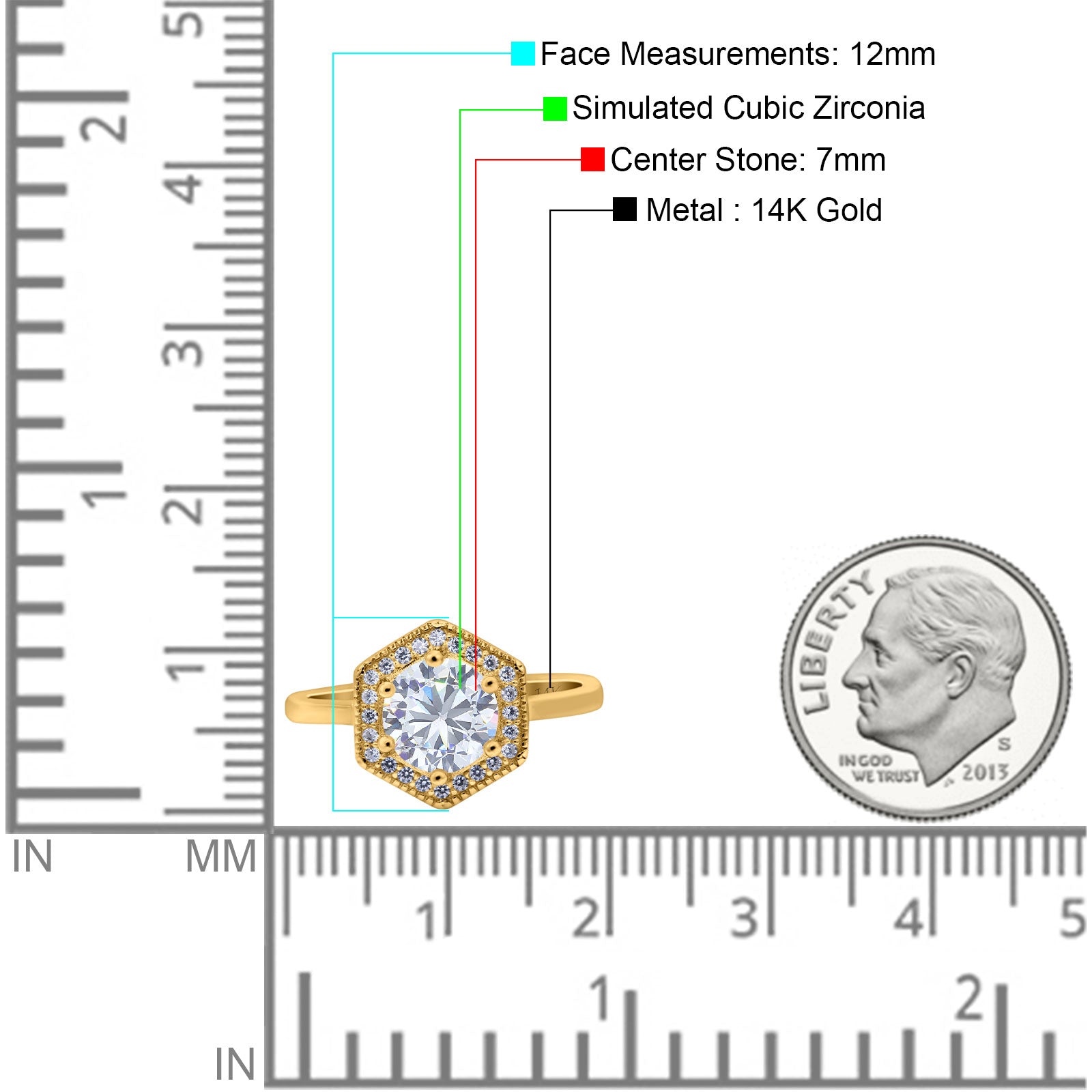 14K Gold Art Deco Hexagon Shape Cubic Zirconia Engagement Ring