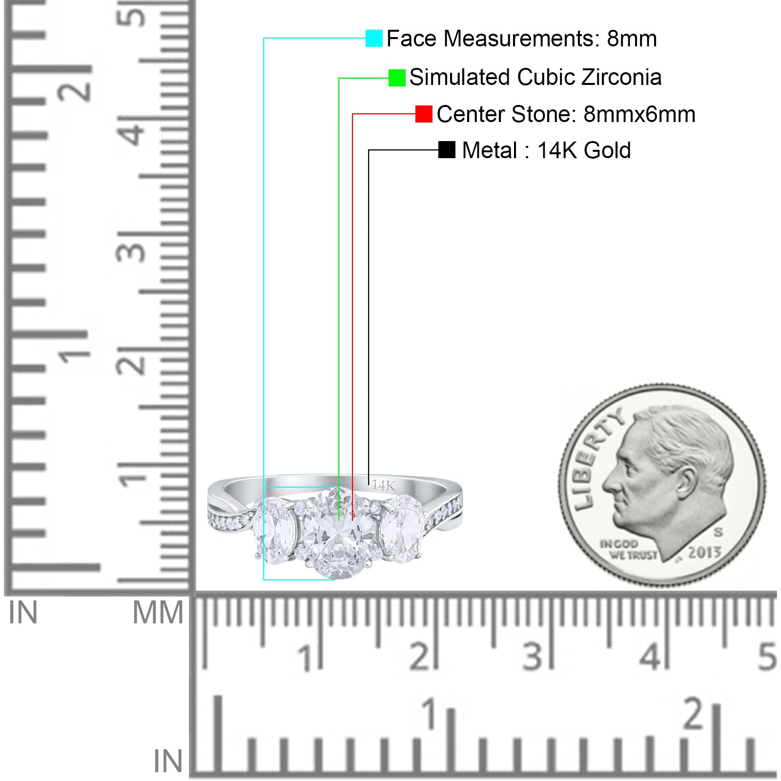 14K Gold Oval Three Stone Cubic Zirconia Engagement Ring