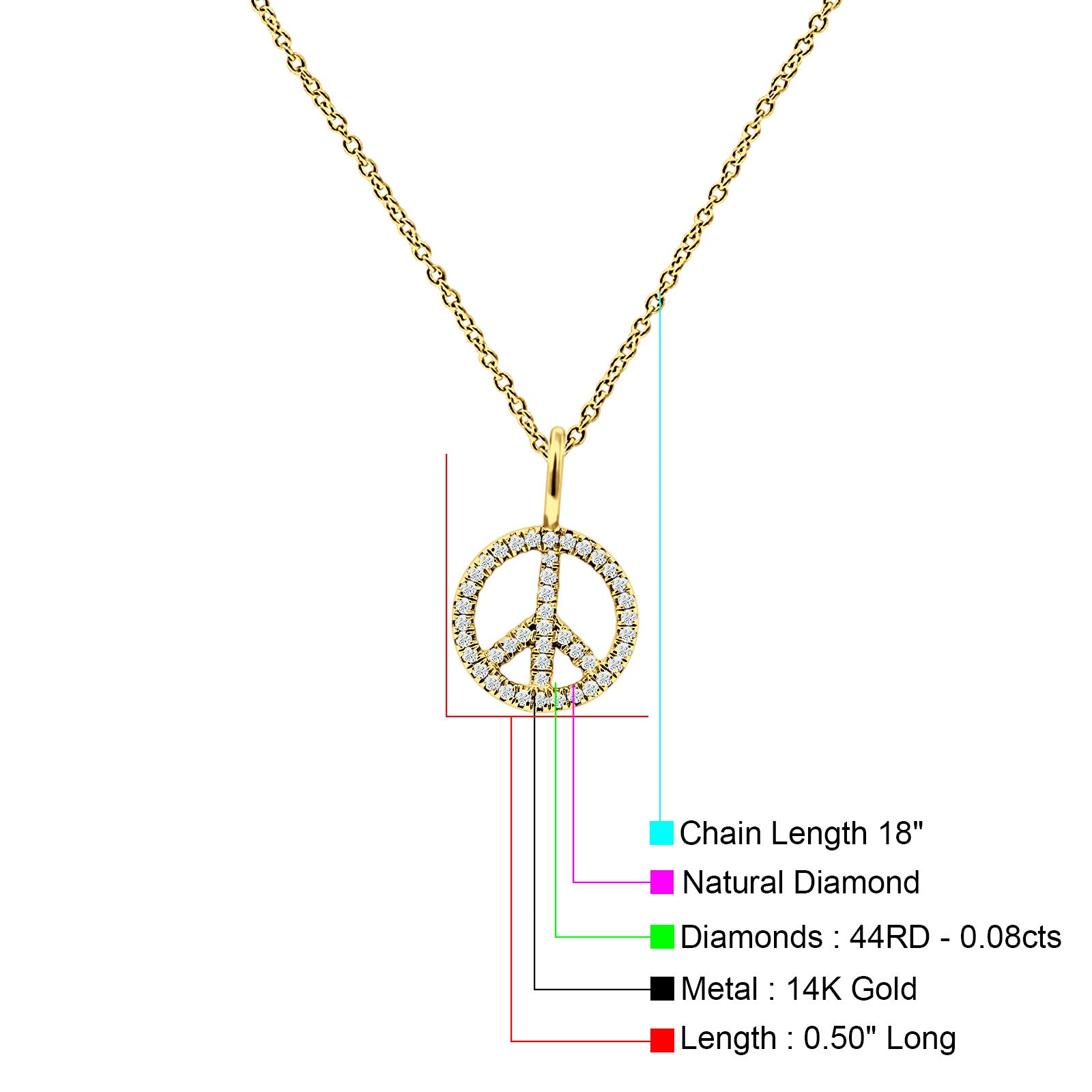 Peace Sign Necklace Diamond Pendant 14K Gold 0.08ct