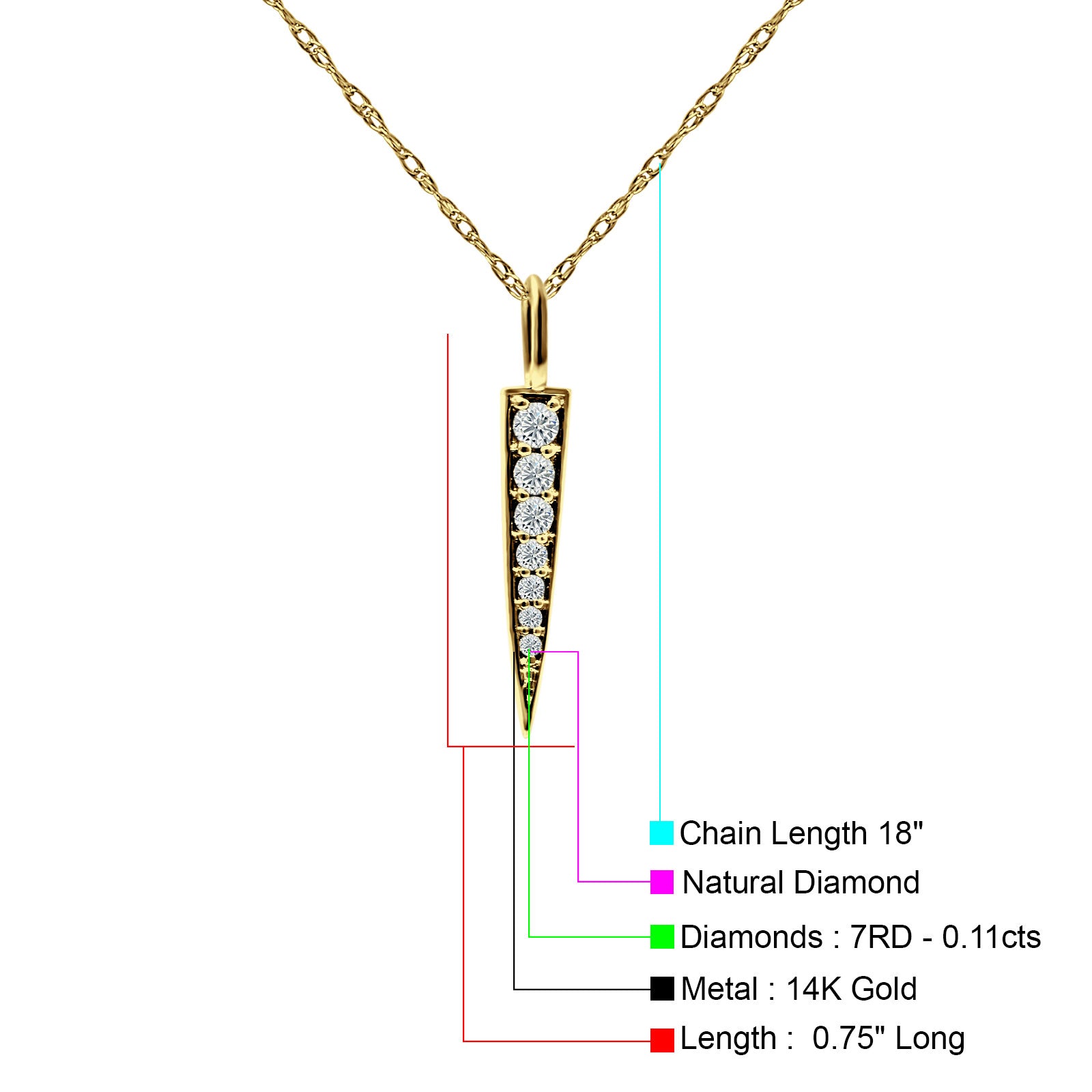 14K Gold 0.11ct Diamond Bar Drop Pendant Chain Necklace 18 In Long