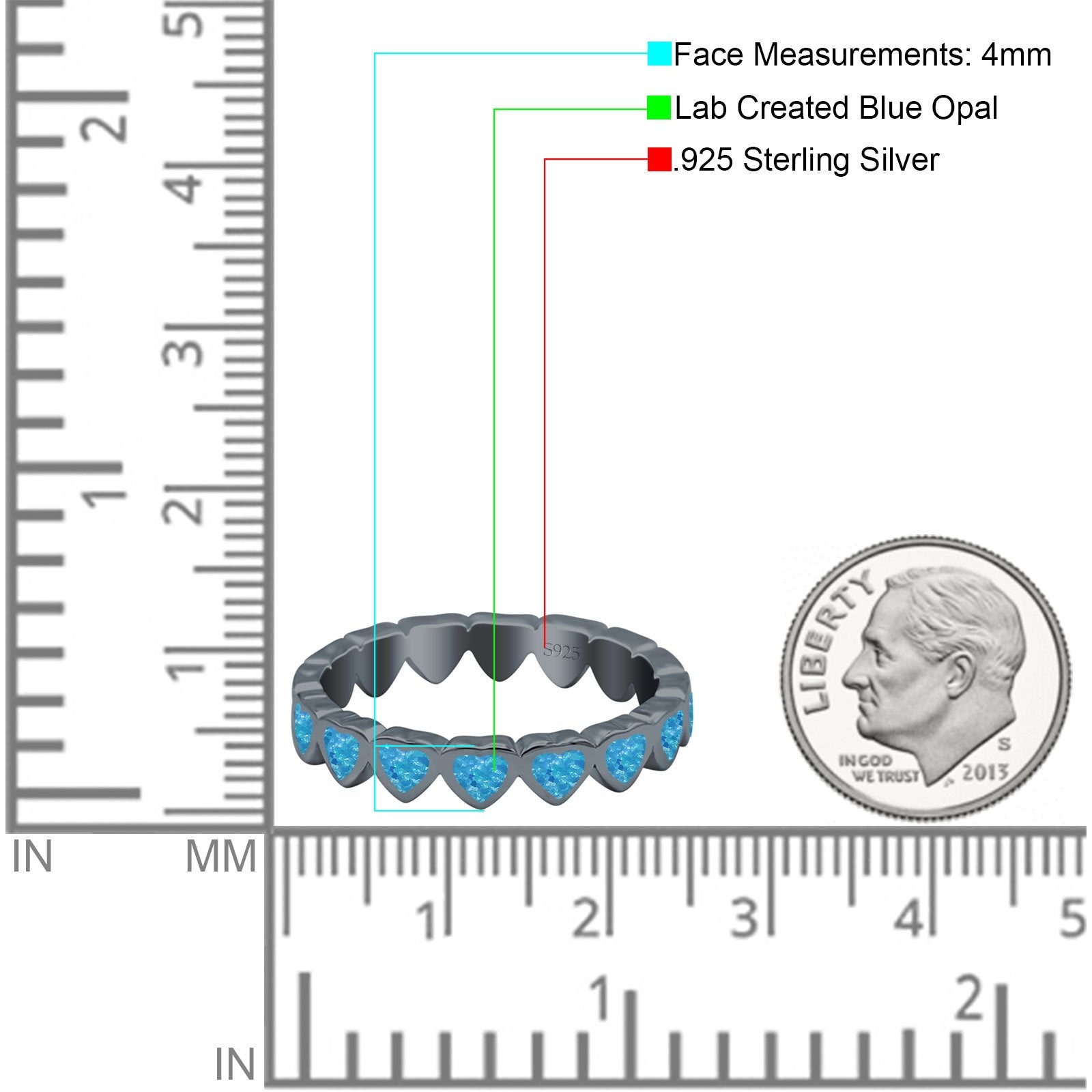 Heart Ring Band Lab Created Opal 925 Sterling Silver (4mm)