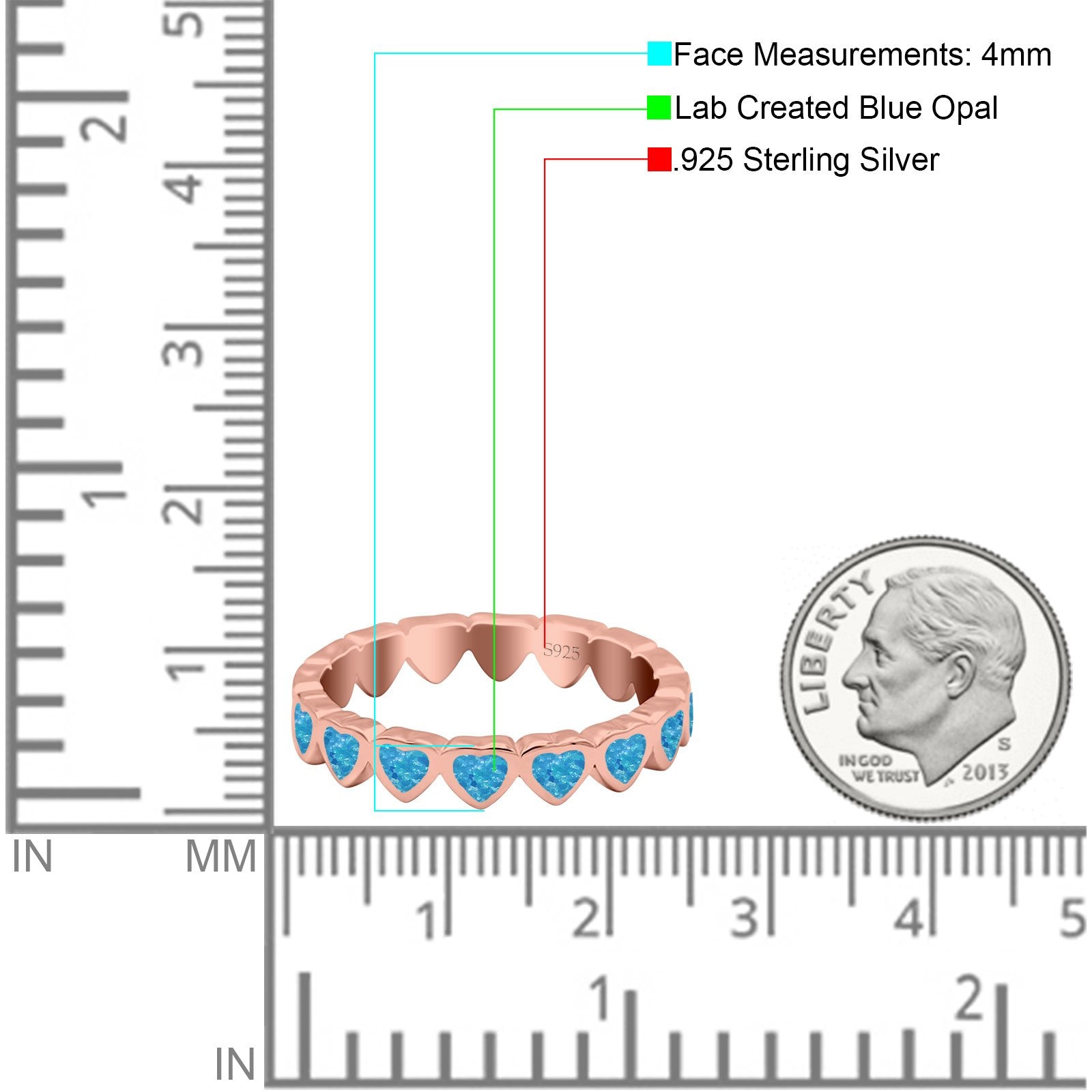 Heart Ring Band Lab Created Opal 925 Sterling Silver (4mm)