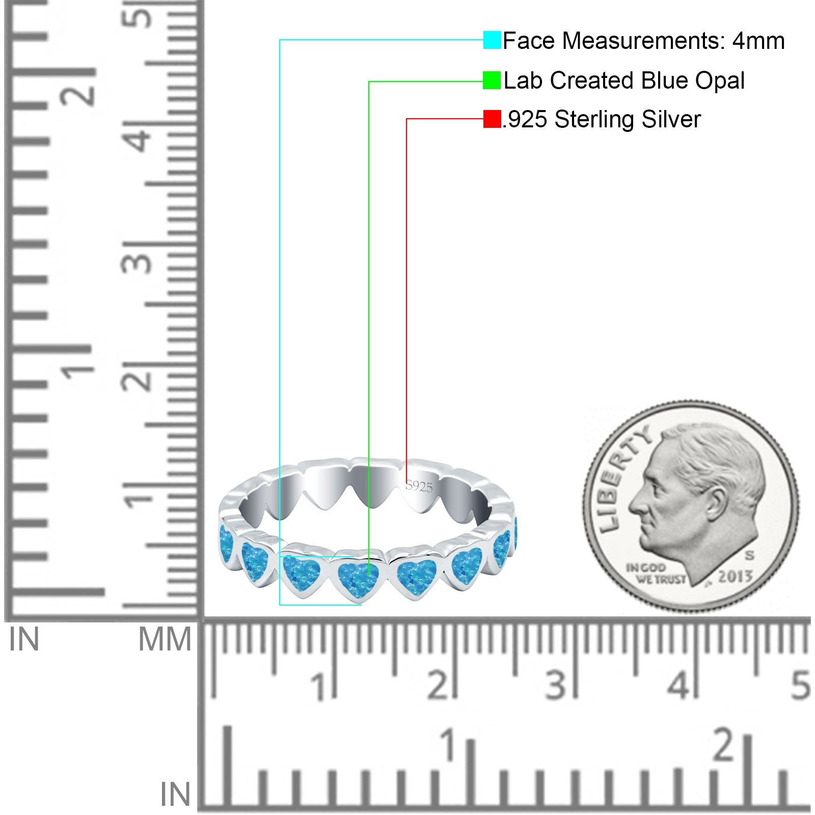 Heart Ring Band Lab Created Opal 925 Sterling Silver (4mm)