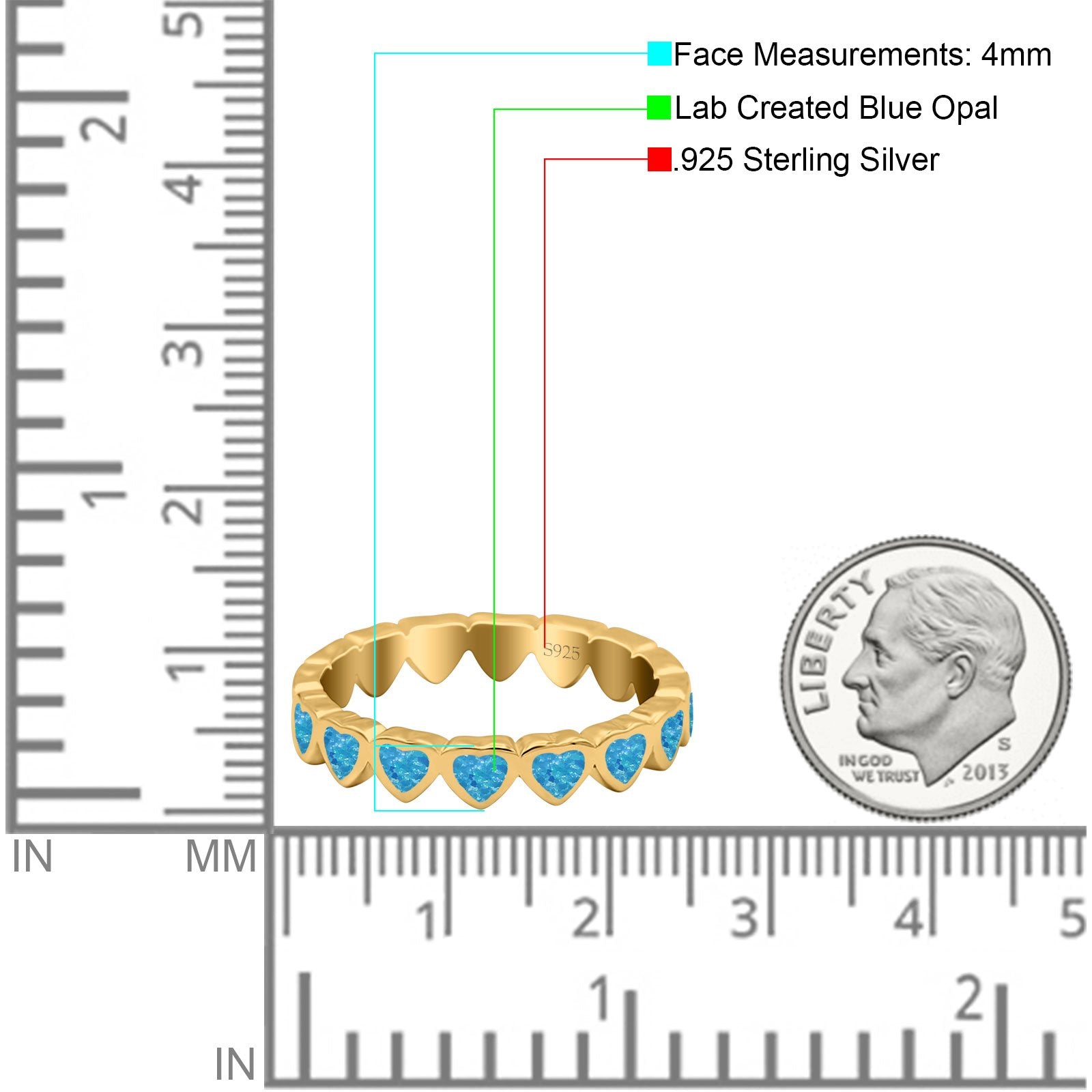 Heart Ring Band Lab Created Opal 925 Sterling Silver (4mm)