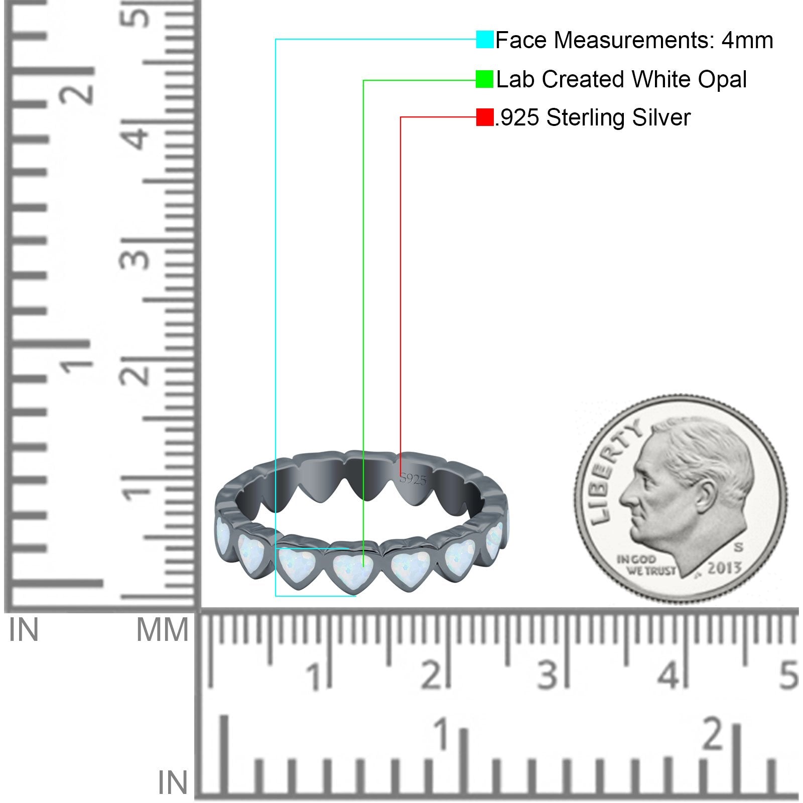Heart Ring Band Lab Created Opal 925 Sterling Silver (4mm)