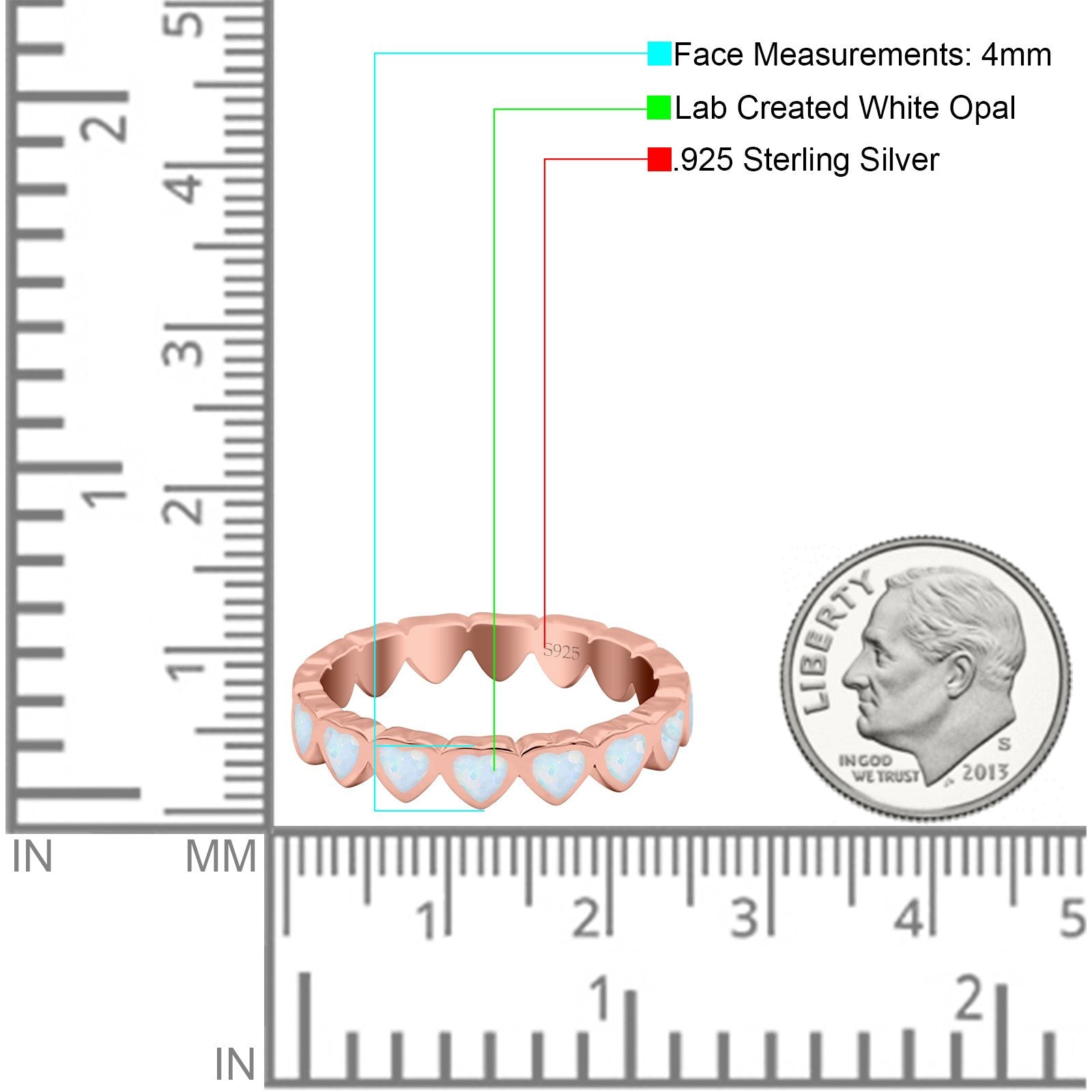 Heart Ring Band Lab Created Opal 925 Sterling Silver (4mm)