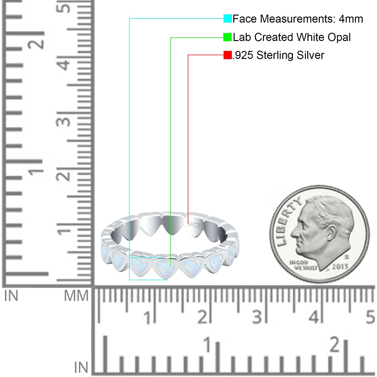 Heart Ring Band Lab Created Opal 925 Sterling Silver (4mm)