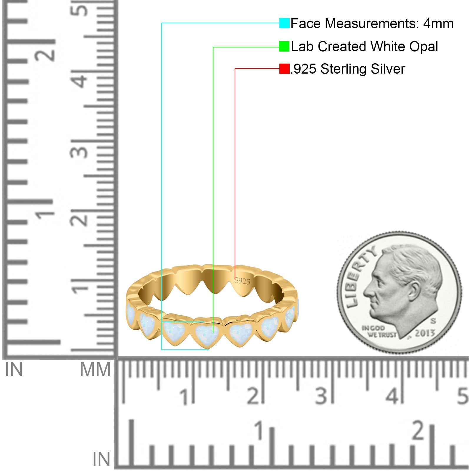Heart Ring Band Lab Created Opal 925 Sterling Silver (4mm)