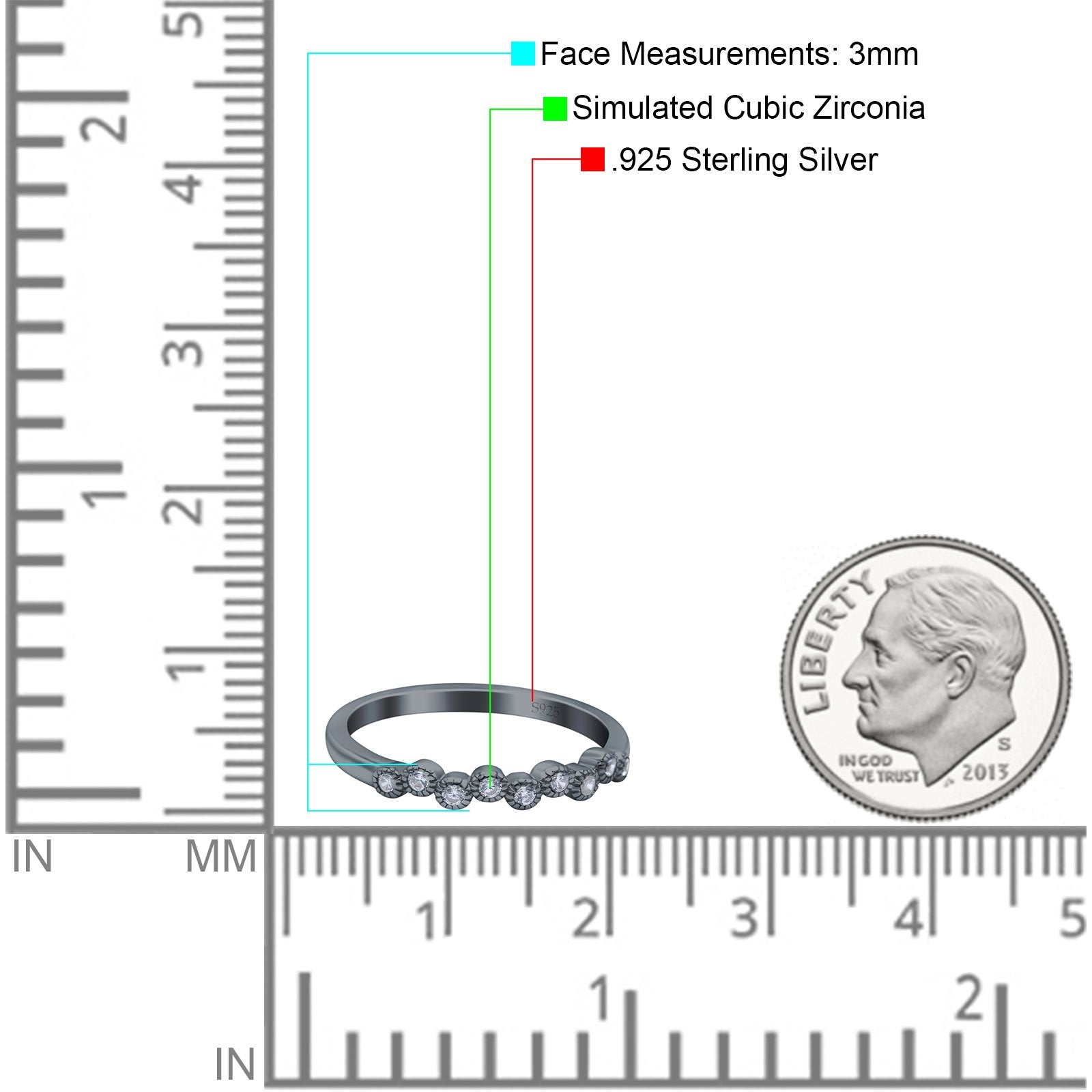 Half Eternity Ring Wedding Engagement Band Round Pave Simulated Cubic Zirconia 925 Sterling Silver (3mm)