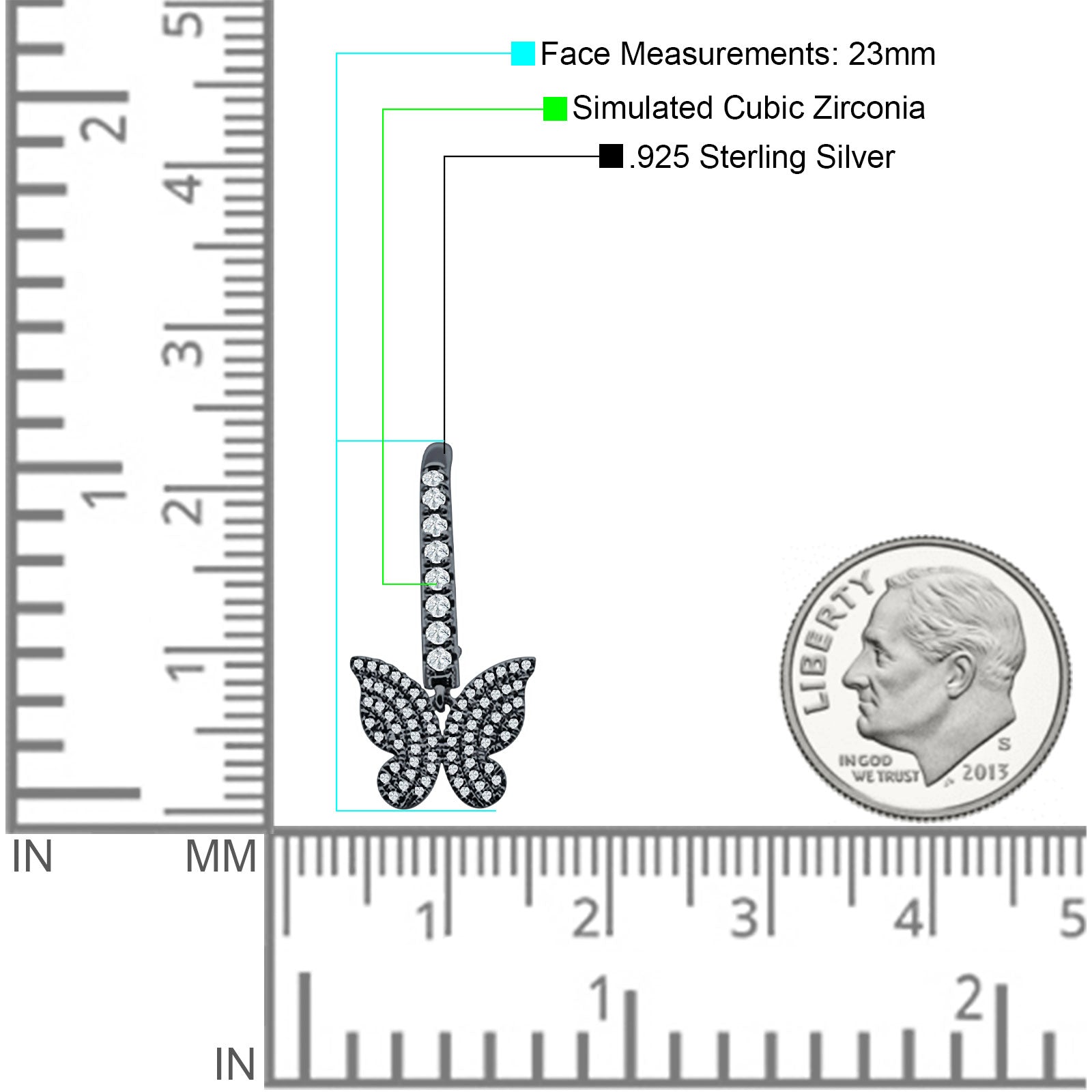 Butterfly Hoop Leverback Earrings Cubic Zirconia 925 Sterling Silver