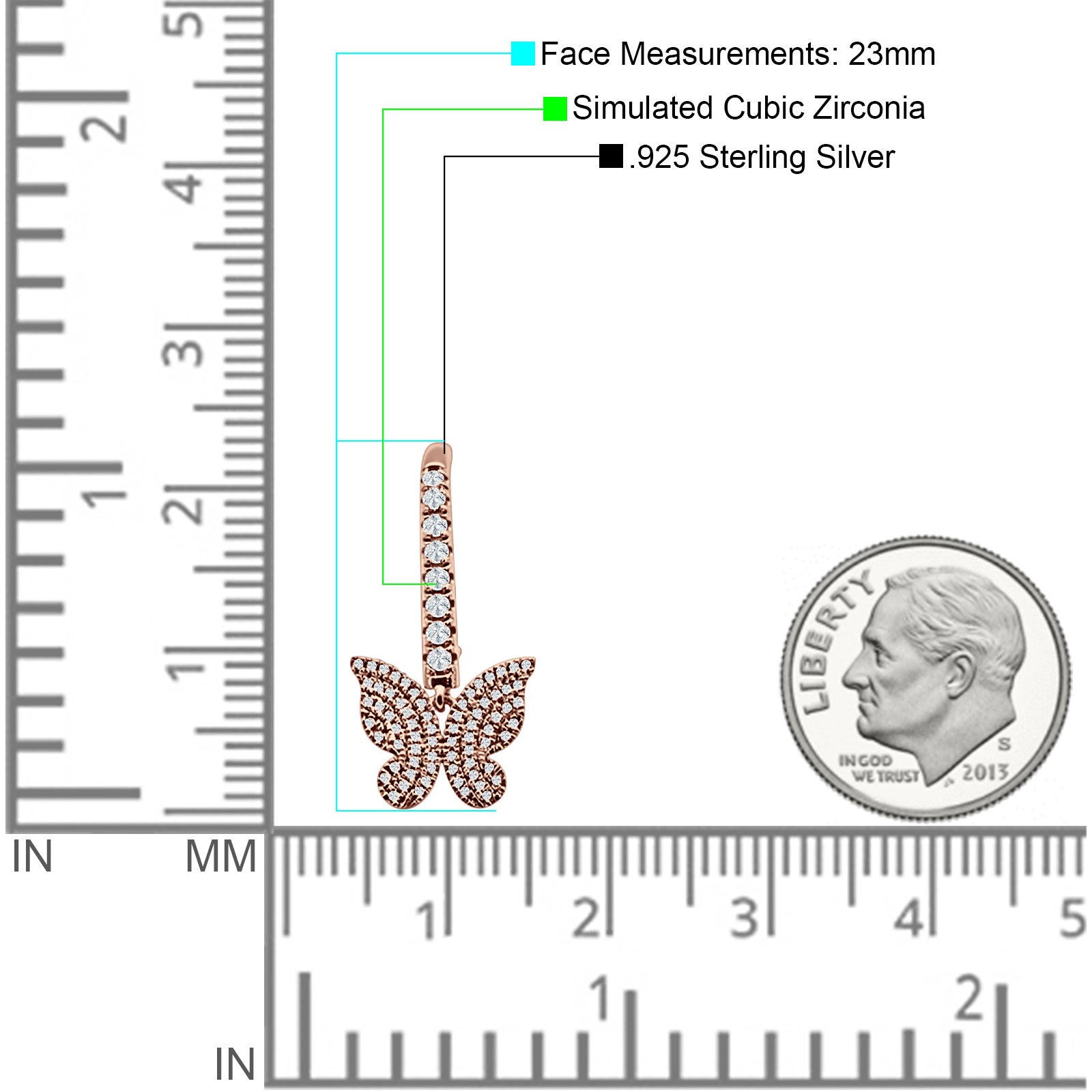 Butterfly Hoop Leverback Earrings Cubic Zirconia 925 Sterling Silver