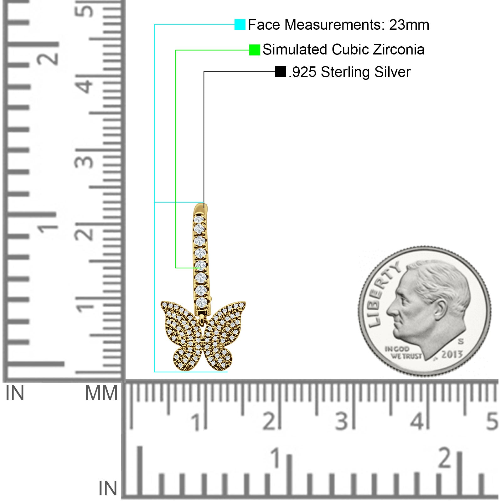 Butterfly Hoop Leverback Earrings Cubic Zirconia 925 Sterling Silver