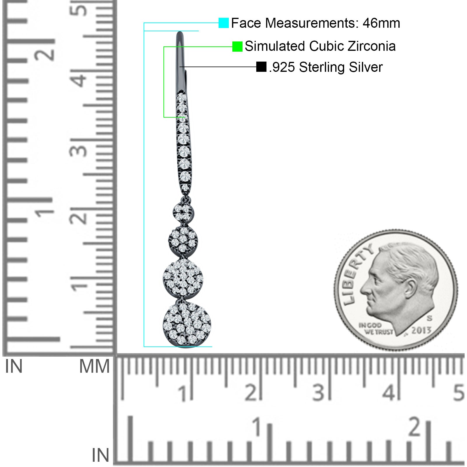 Dangle Drop Leverback Earrings Graduated Circles Cubic Zirconia 925 Sterling Silver