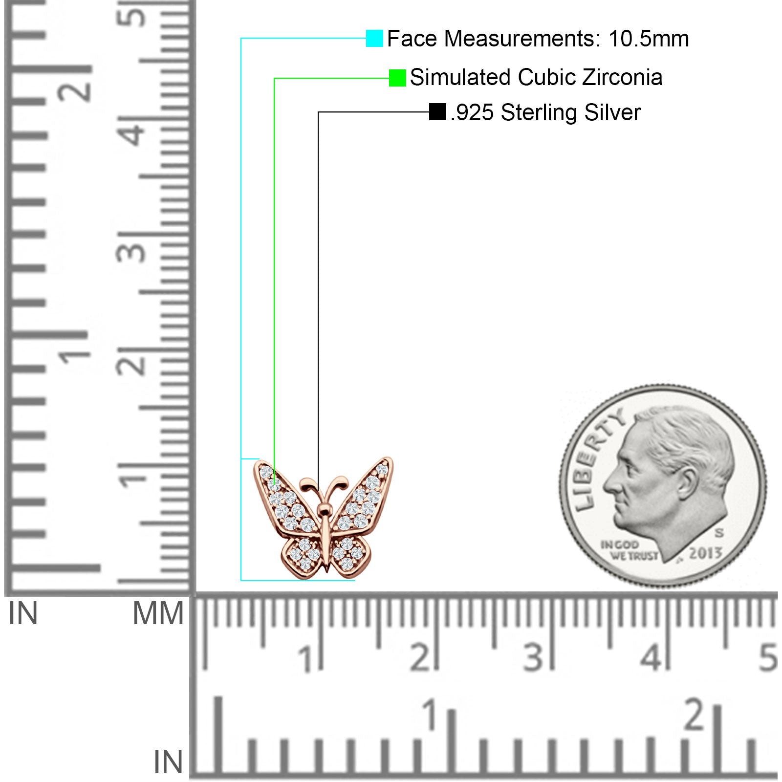 Minimalist Butterfly Stud Earrings Cubic Zirconia 925 Sterling Silver