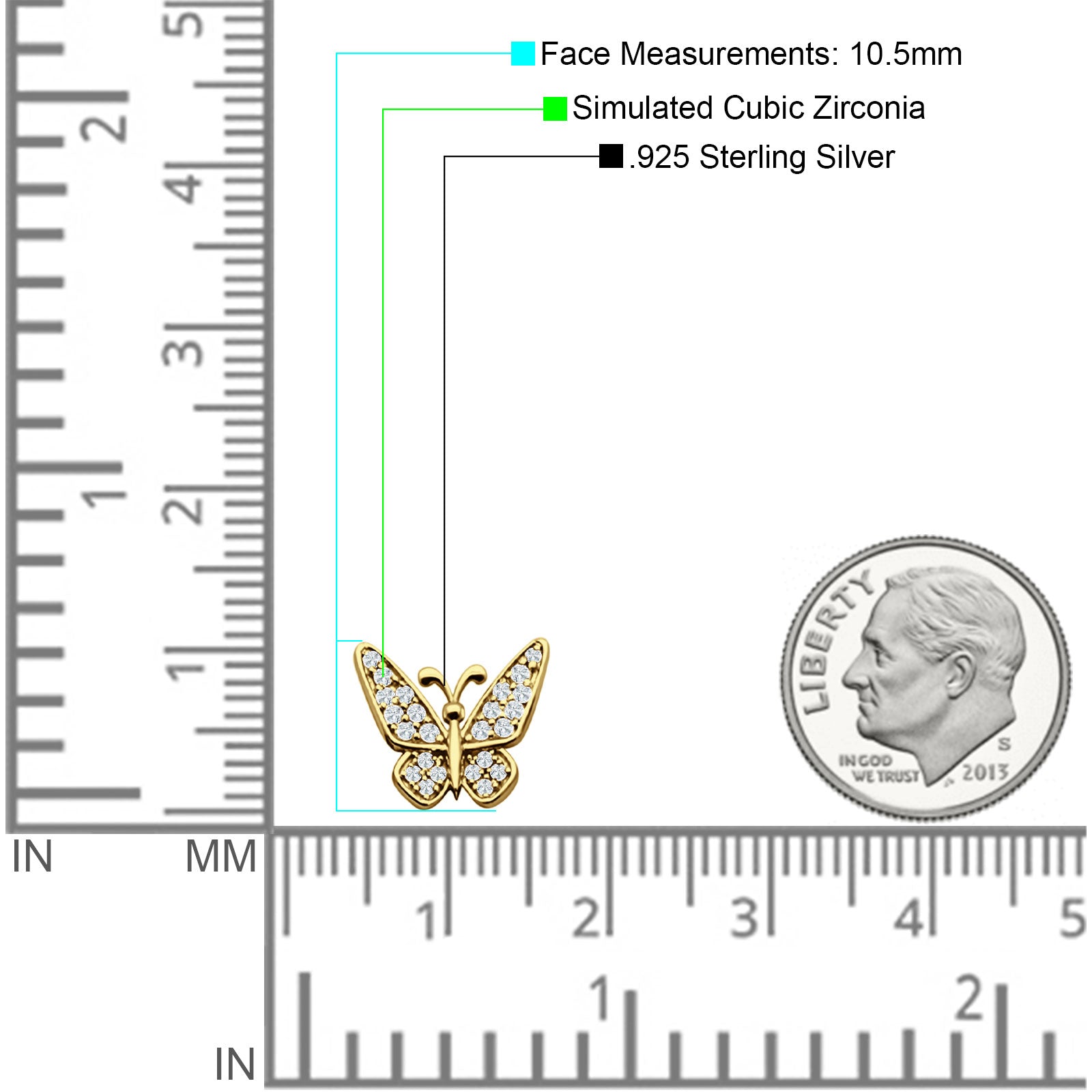 Minimalist Butterfly Stud Earrings Cubic Zirconia 925 Sterling Silver