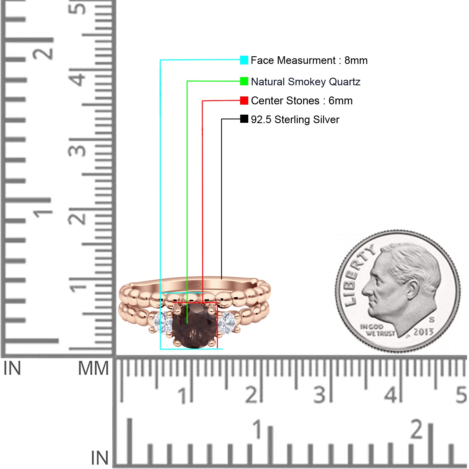 Three Stone Two Piece Bridal Round Beaded Natural Chocolate Brown Smoky Quartz Engagement Ring