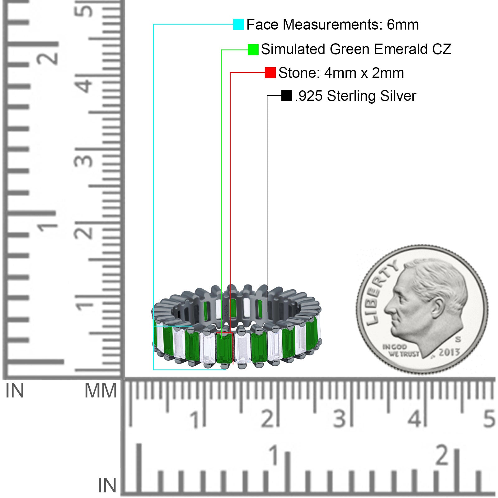 Emerald Cut Wedding Band Ring 6mm Cubic Zirconia 925 Sterling Silver