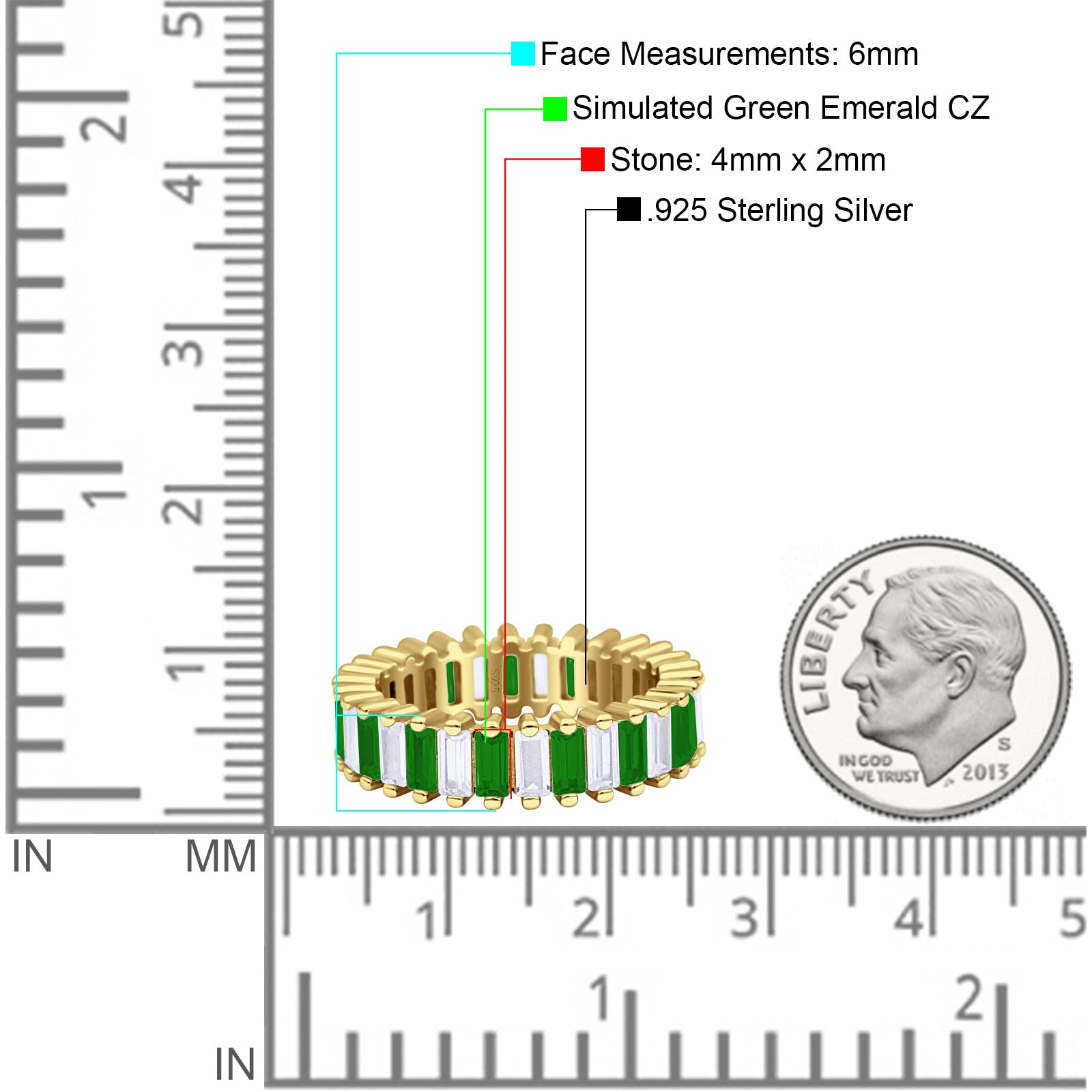 Emerald Cut Wedding Band Ring 6mm Cubic Zirconia 925 Sterling Silver