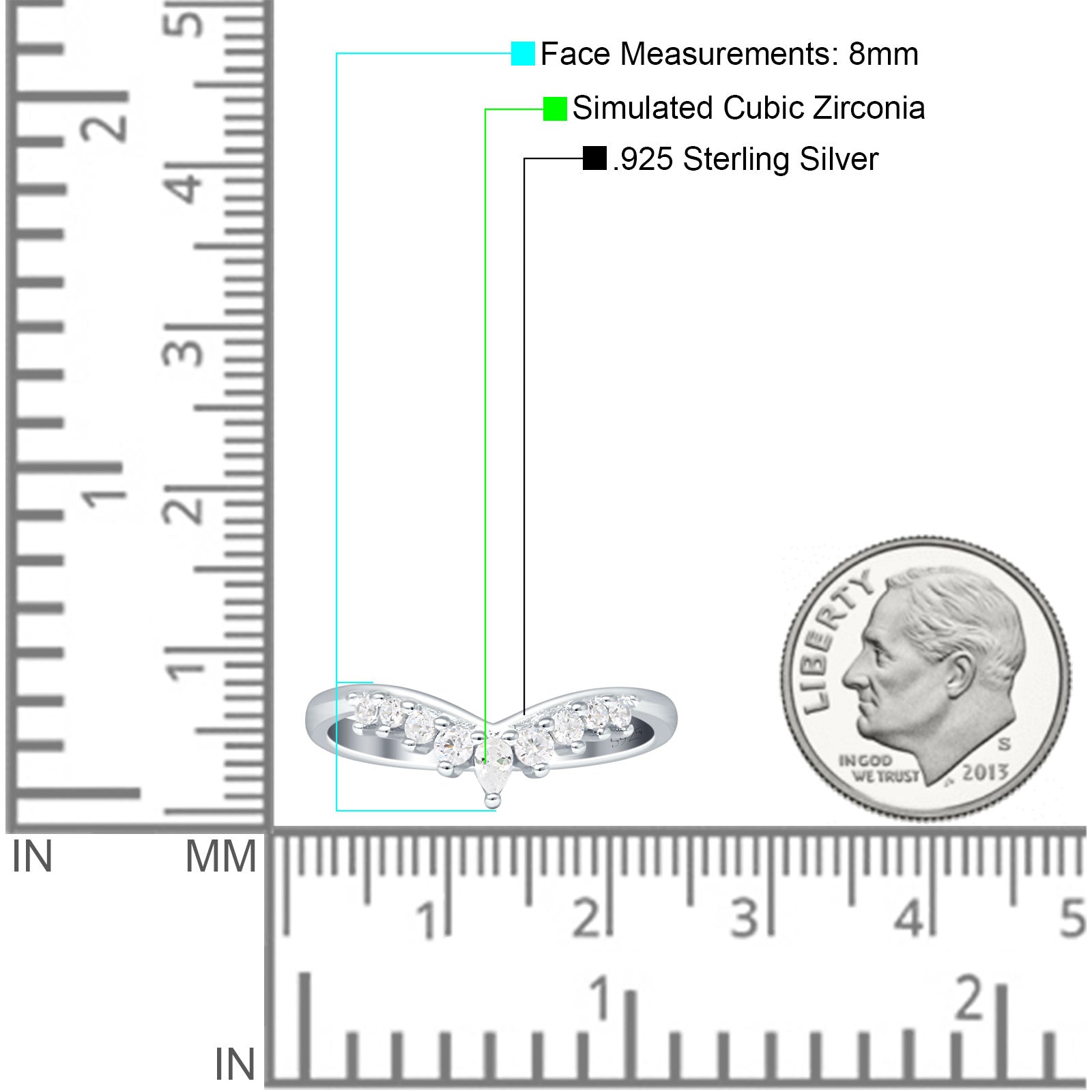 8mm Contour Curved V-Band Vintage Pear Teardrop Chevron Ring Cubic Zirconia 925 Sterling Silver